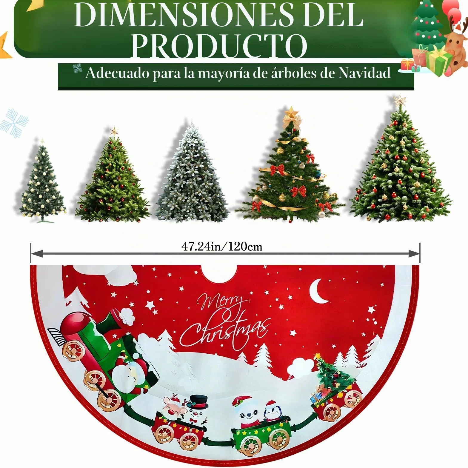 Falda de Árbol de Navidad, Alfombra de Árbol de Navidad, con Motivos de Muñecos de Nieve, Copos de Nieve y Trenes, para la Decoración Navideña del Hogar, Rojo