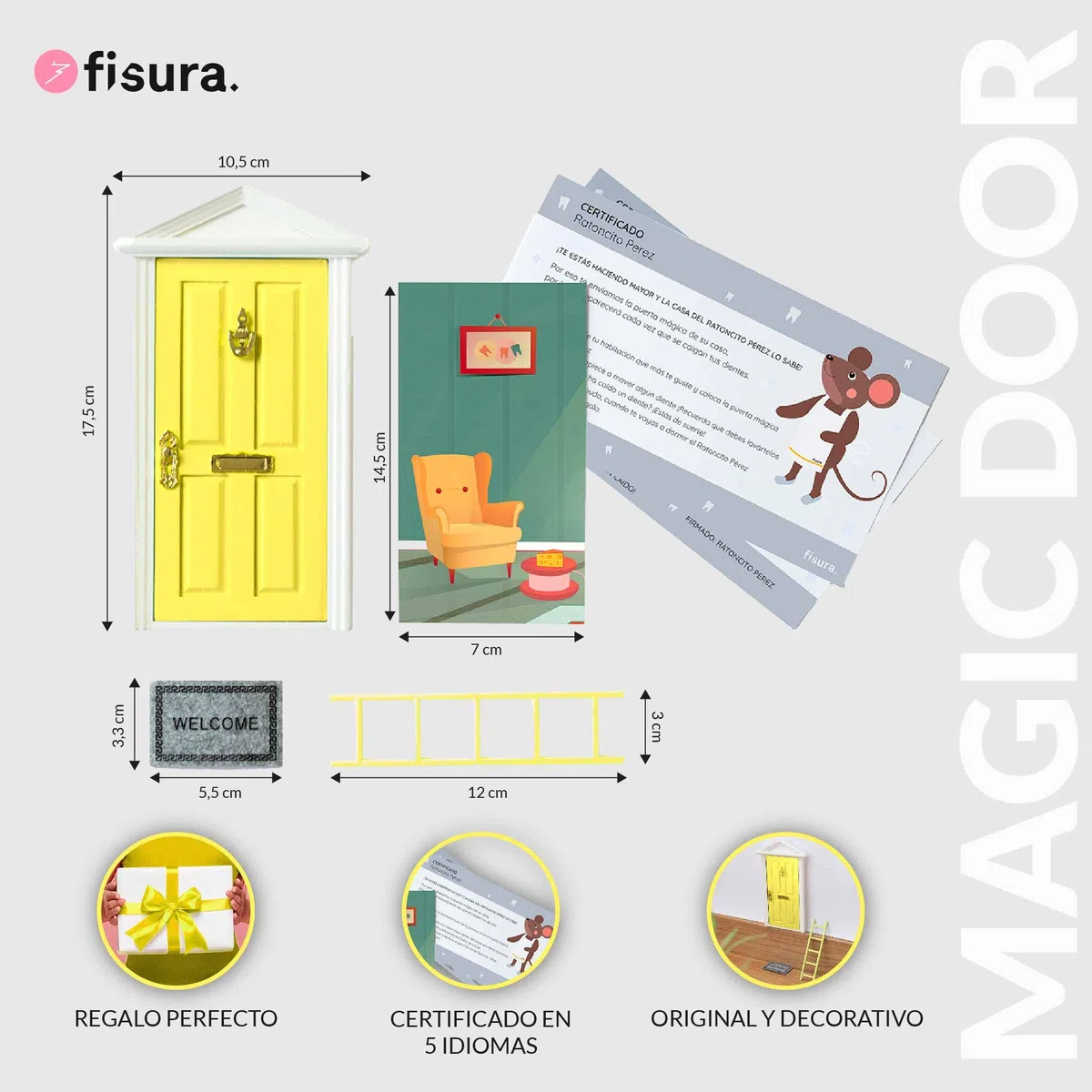 FISURA – Puerta Ratoncito Pérez que se abre con escalera, felpudo, pegatina y certificado de dientes limpios. Regalo original para niño y niña. Amarilla.