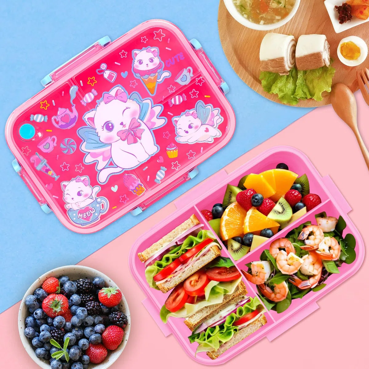 PinkSheep Loncheras Bento para niños, 1200 ml, sin BPA, a prueba de fugas, con 3 compartimentos para niños y niñas (gato)