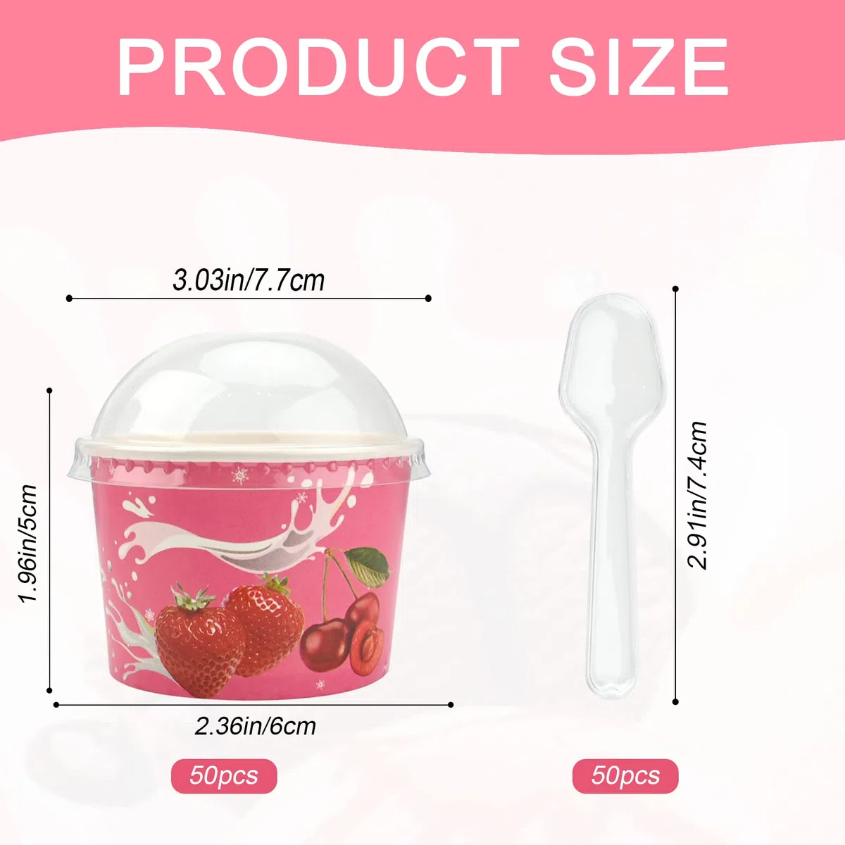 Envase para Copa de Helado,50 Piezas 4oz Resuable Papel Helado Tubos Sopa Recipientes con 50 Piezas Tapas y Cucharas,Helado Tazones Postre Tratar Tazas para Helado Helado Yogur Sopa Pastel (Rosa)