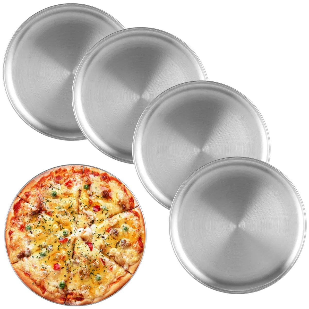 Juego de 5 bandejas para pizza, 30 cm, redondas, de acero inoxidable, hornear, servir, asar, apto para lavavajillas