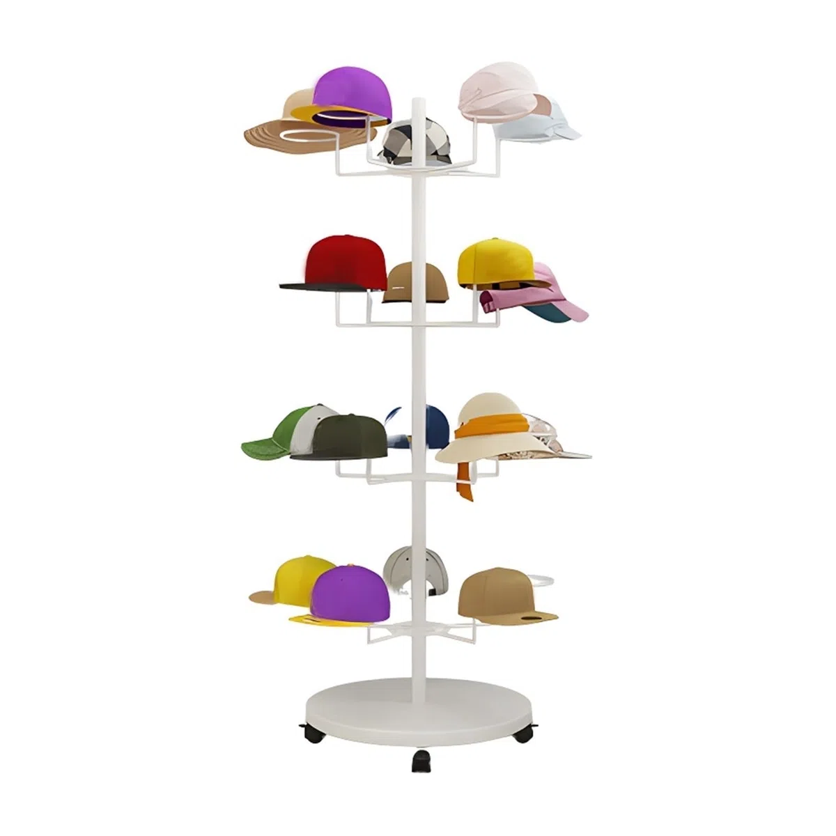 Expositor de Sombreros, Estante de Almacenamiento de Sombreros de 4, 5, 6 y 7 Niveles, Torre de exhibición de Gorras de Metal Independiente con Ruedas giratoria,White-4