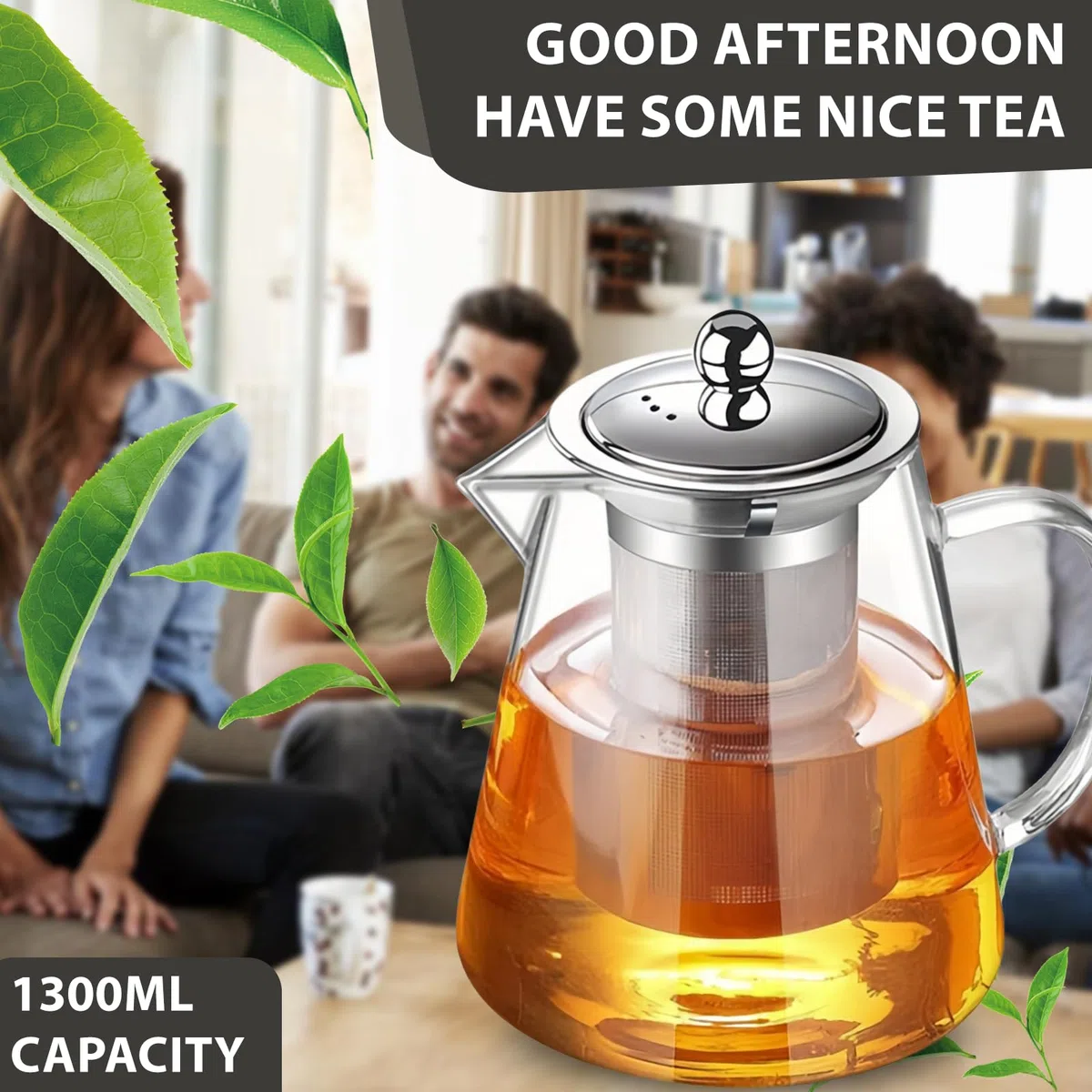 Tetera de 1300 ml: juego de té de vidrio de borosilicato con colador extraíble y tapa de acero inoxidable, resistente y resistente al calor para camping, viajes, té de hierbas y té de frutas