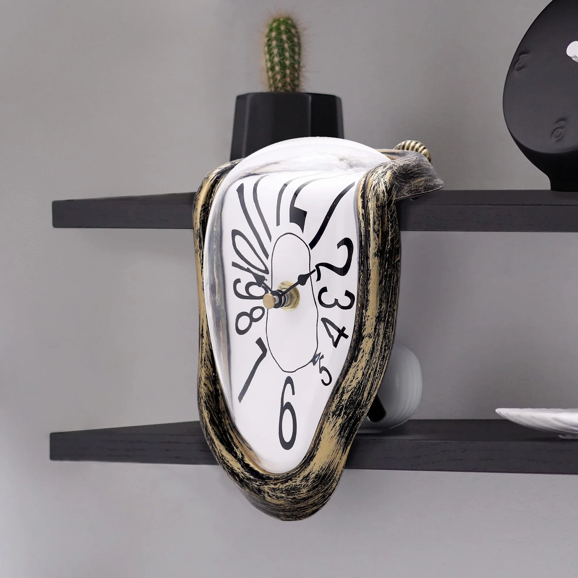 Lafocuse Reloj de Fusión Color Bronce Silencioso Creativo, Reloj Repisa Dalí Derretido Divertido Números Arábigos para Mesa de Escritorio 16x13x11 cm