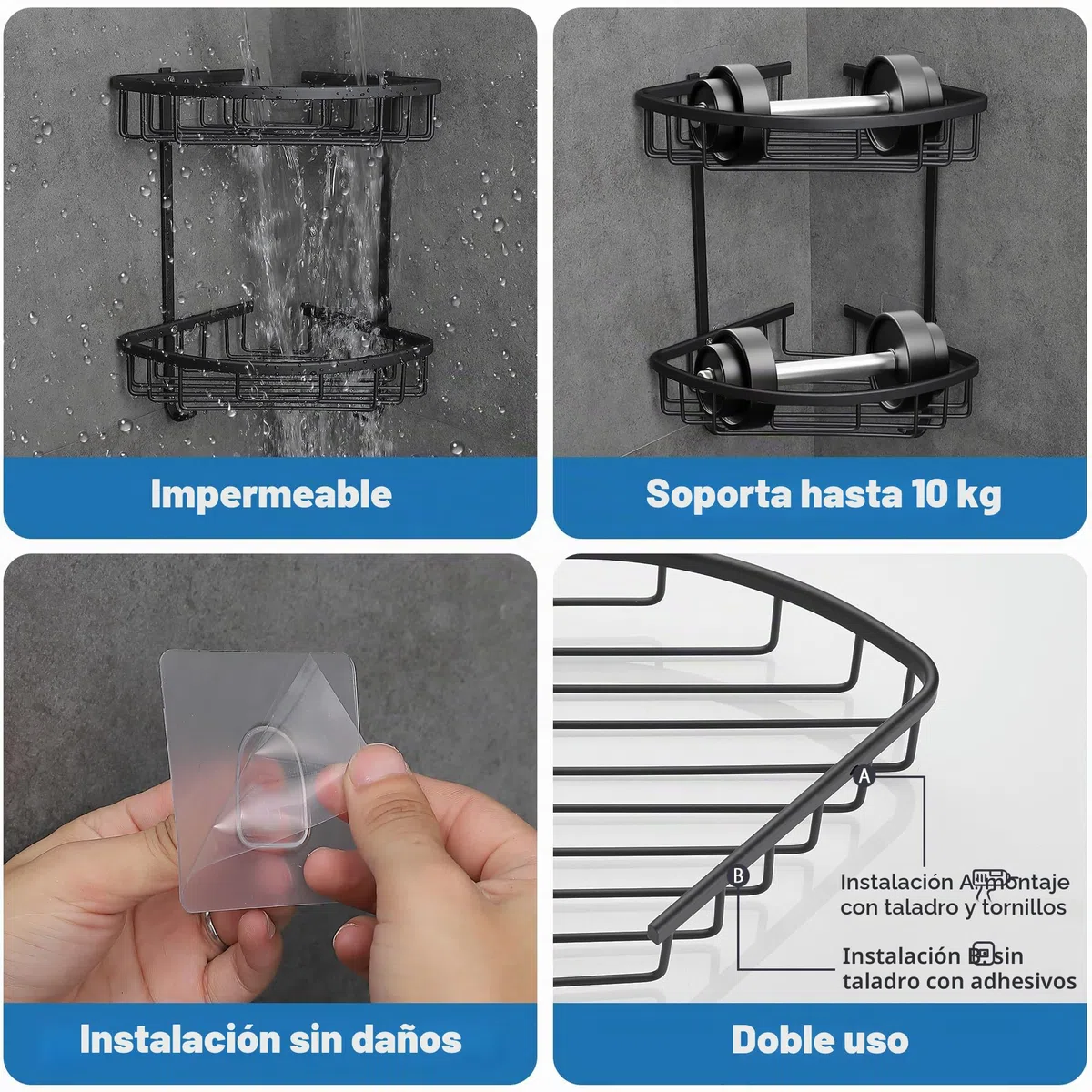GRICOL Estanteria Baño Sin Taladro Esquina Estante Ducha con 2 Ganchos Metal Estantería Ducha Organizador Ducha 2 Piezas Negro