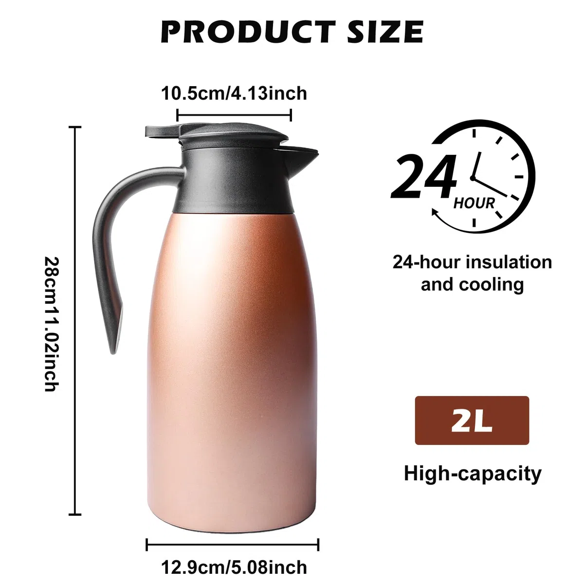 Jarra térmica de 2 L, termo para cafetera, acero inoxidable con asa y boquilla, aislamiento al vacío, jarra aislante de doble pared, para oficina y hogar (oro rosa)