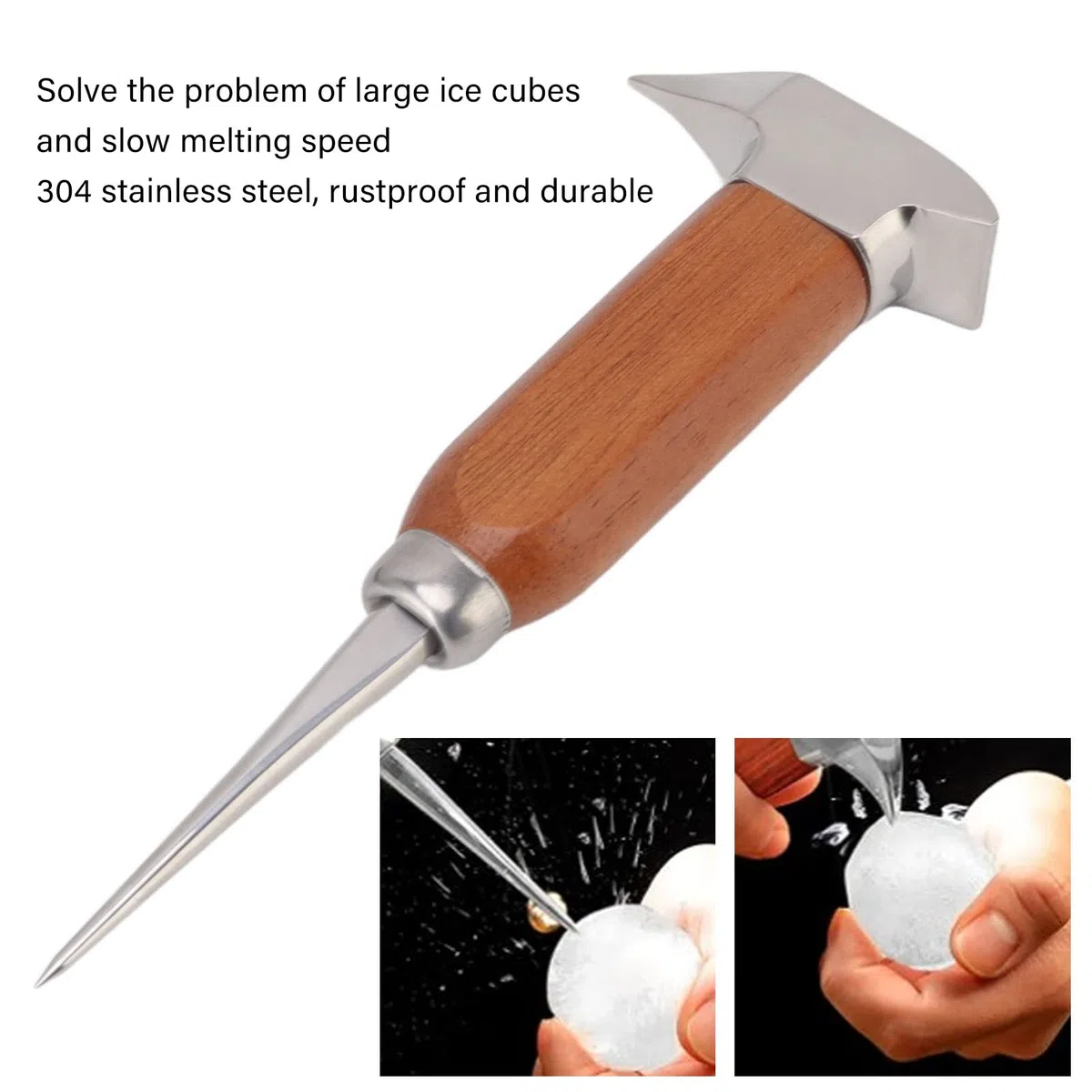 Picadora de Hielo de Acero Inoxidable, Cincel de Hielo, Punzón de Hielo, Picadora de Hielo, Eliminación de Hielo con Mango de Madera, Herramienta de Selección para el Hogar,