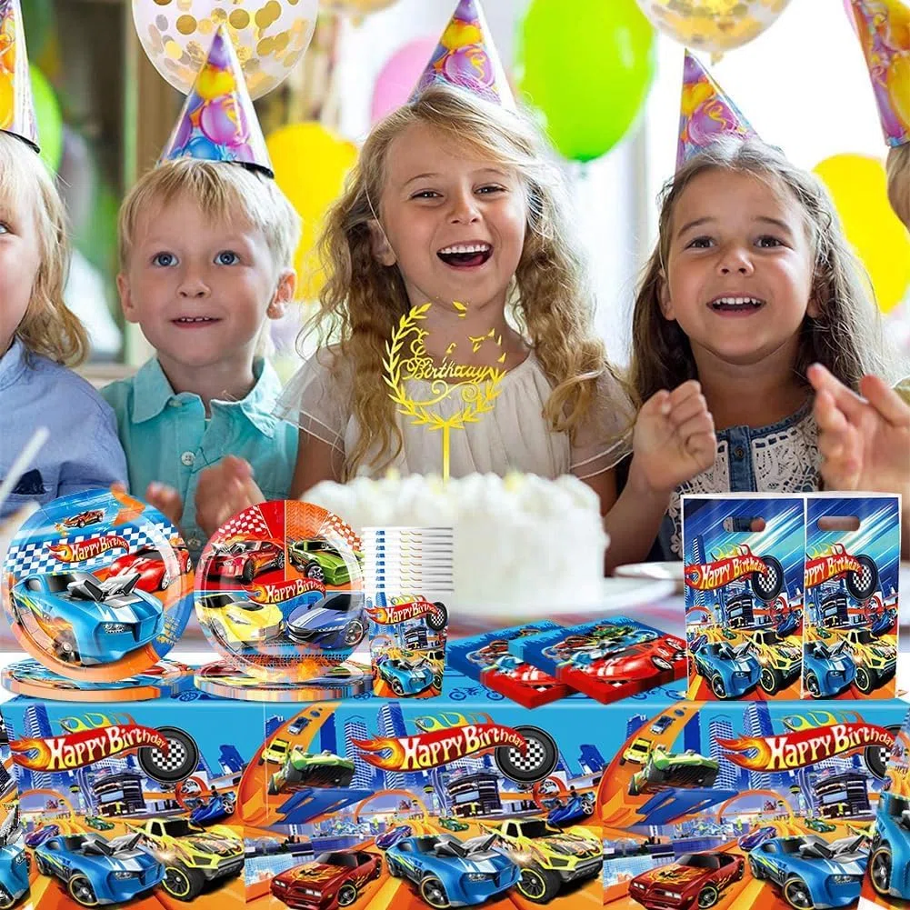 Vajilla Cumpleaños Coche de Carrera, Decoración de Coche de Carreras, Autos Vajilla Infantil Incluir Mantel, Platos de 7'', Platos de 9'', Vasos, Vasos, Servilletas - 10 Personas