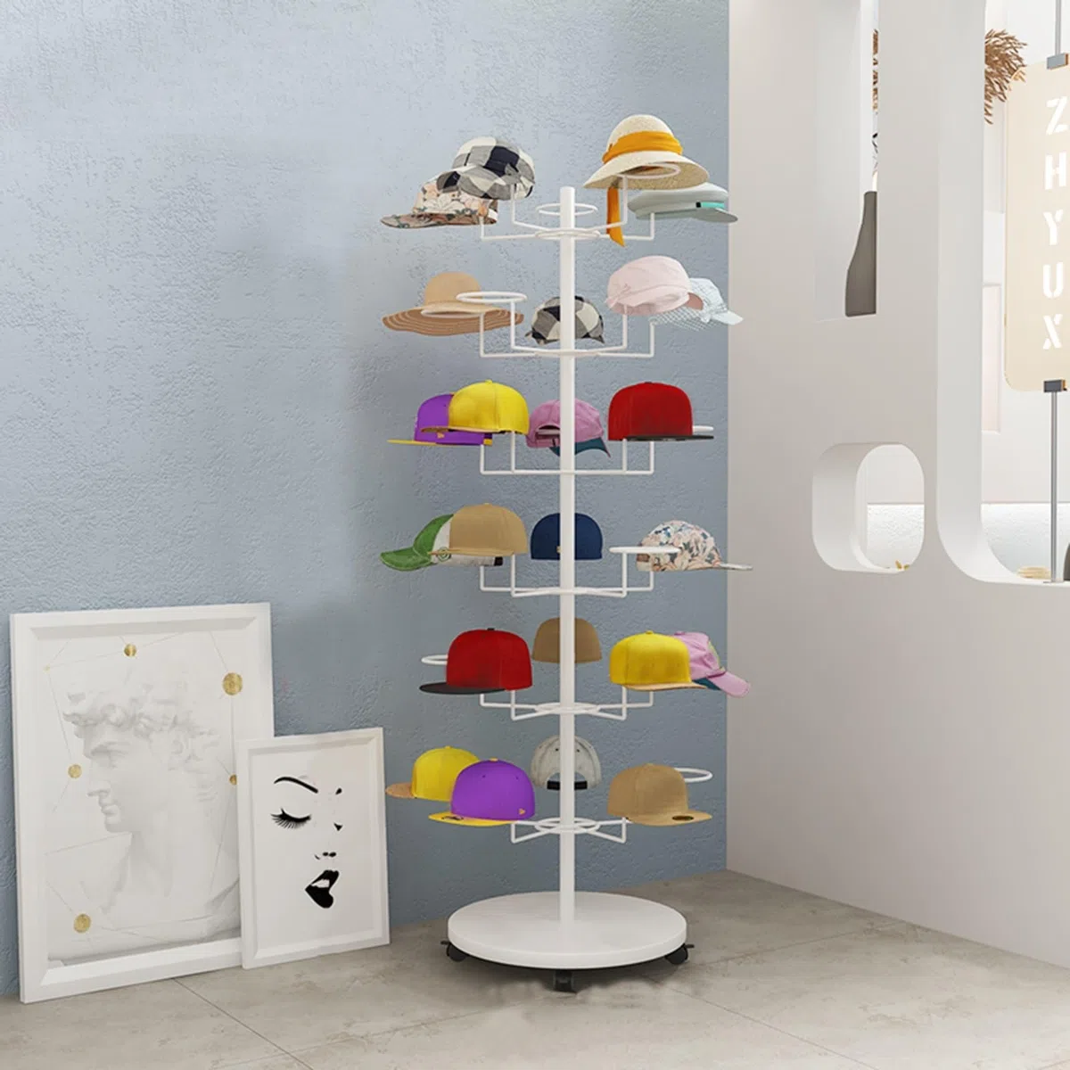 Expositor de Sombreros, Estante de Almacenamiento de Sombreros de 4, 5, 6 y 7 Niveles, Torre de exhibición de Gorras de Metal Independiente con Ruedas giratoria,White-6