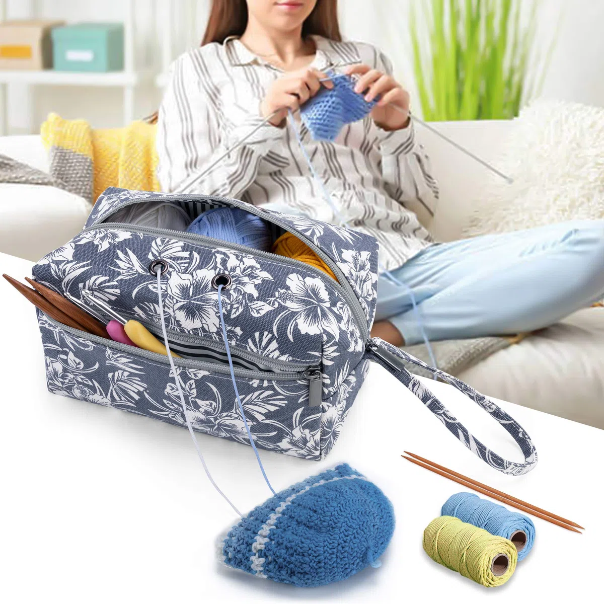Luxja Bolsa de Almacenamiento de Lana, Bolsa de Crochet Bolsa de Tejer, Bolso para madejas de Hilo, Ganchos de Ganchillo, Agujas de Tejer (hasta 8 Pulgadas) y Otros Accesorios pequeños