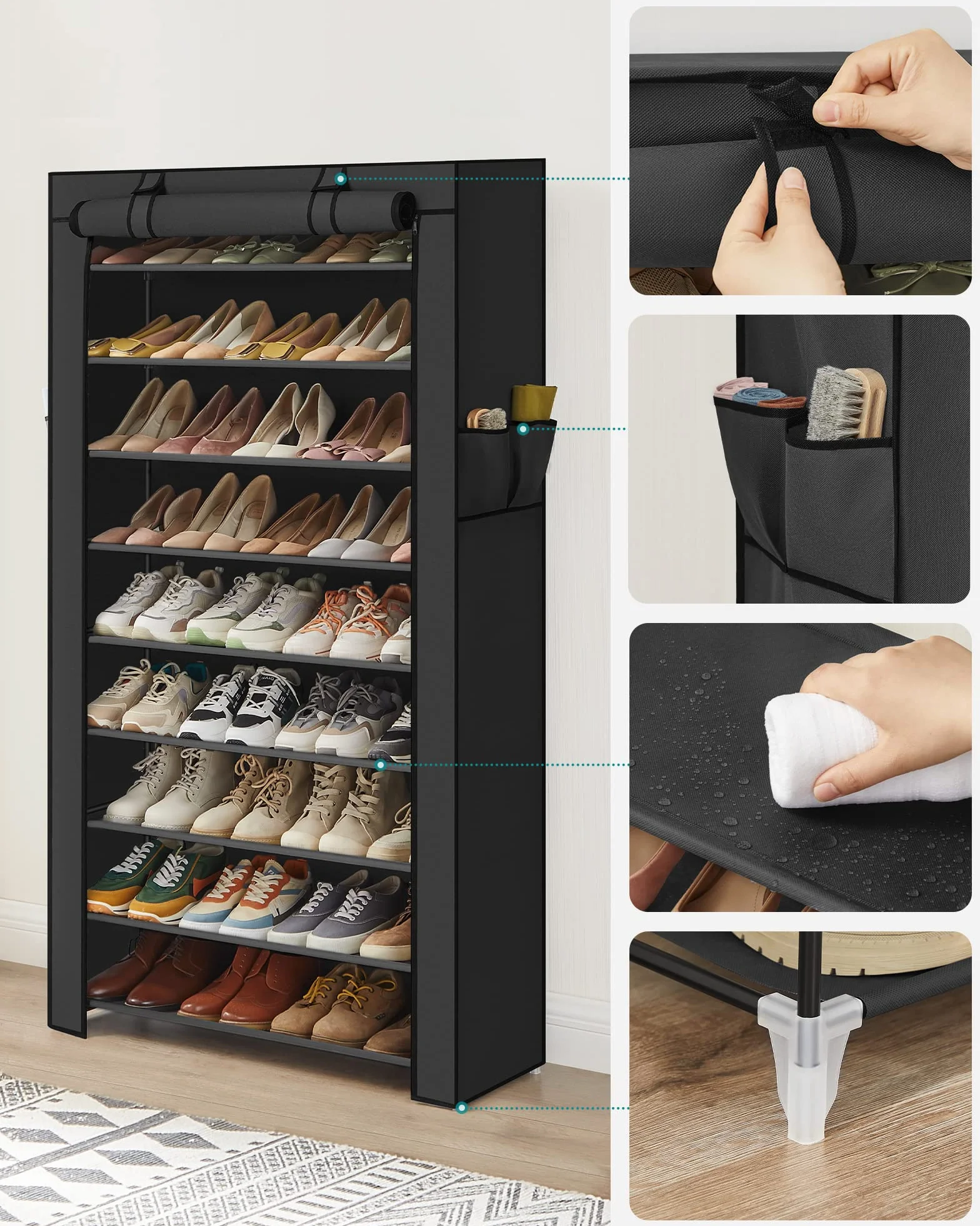 SONGMICS Zapatero, 10 Niveles, Zapatero de Entrada 28 x 88 x 160 cm con Cubierta de Tela, Delgado, Marco de Metal, Negro RXJ36HV1