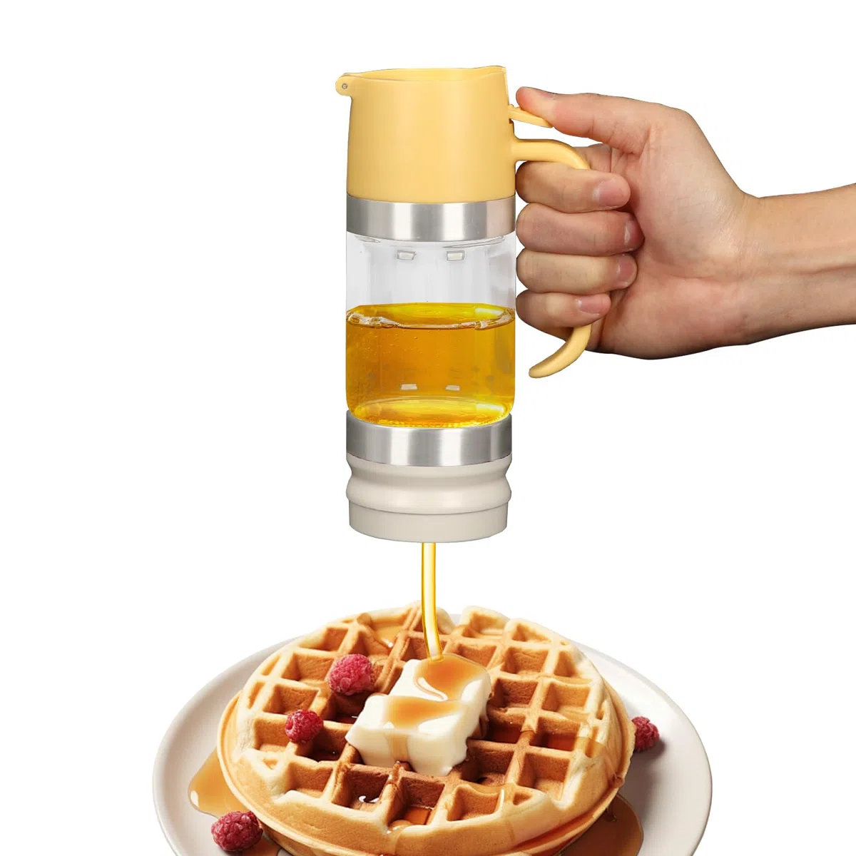 BigKing Dispensador de Jarabe, dispensador de Jarabe con tapas superiores e inferiores extraíbles, dosificador de Jarabe de vidrio borosilicato alto, transparente (Amarillo(350ml))