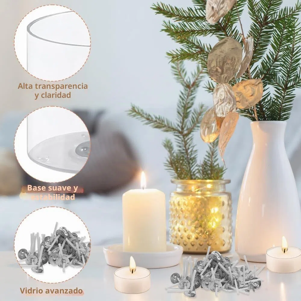 50 Piezas Tarros para Velas de Té Vacíos, Portavelas Decoracion en Plástico con 50 Piezas Mechas para Vela Redondos Transparentes Candelabros para Velas de Té para Bodas, Cenas