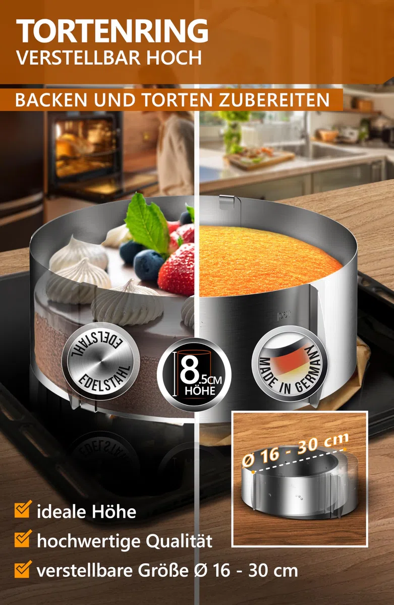 4smile Molde para tarta - Tartas de ensueño para cualquier ocasión - Molde redondo de acero inoxidable ajustable mediante pinzas - Altura: 8,5 cm – Made in Germany