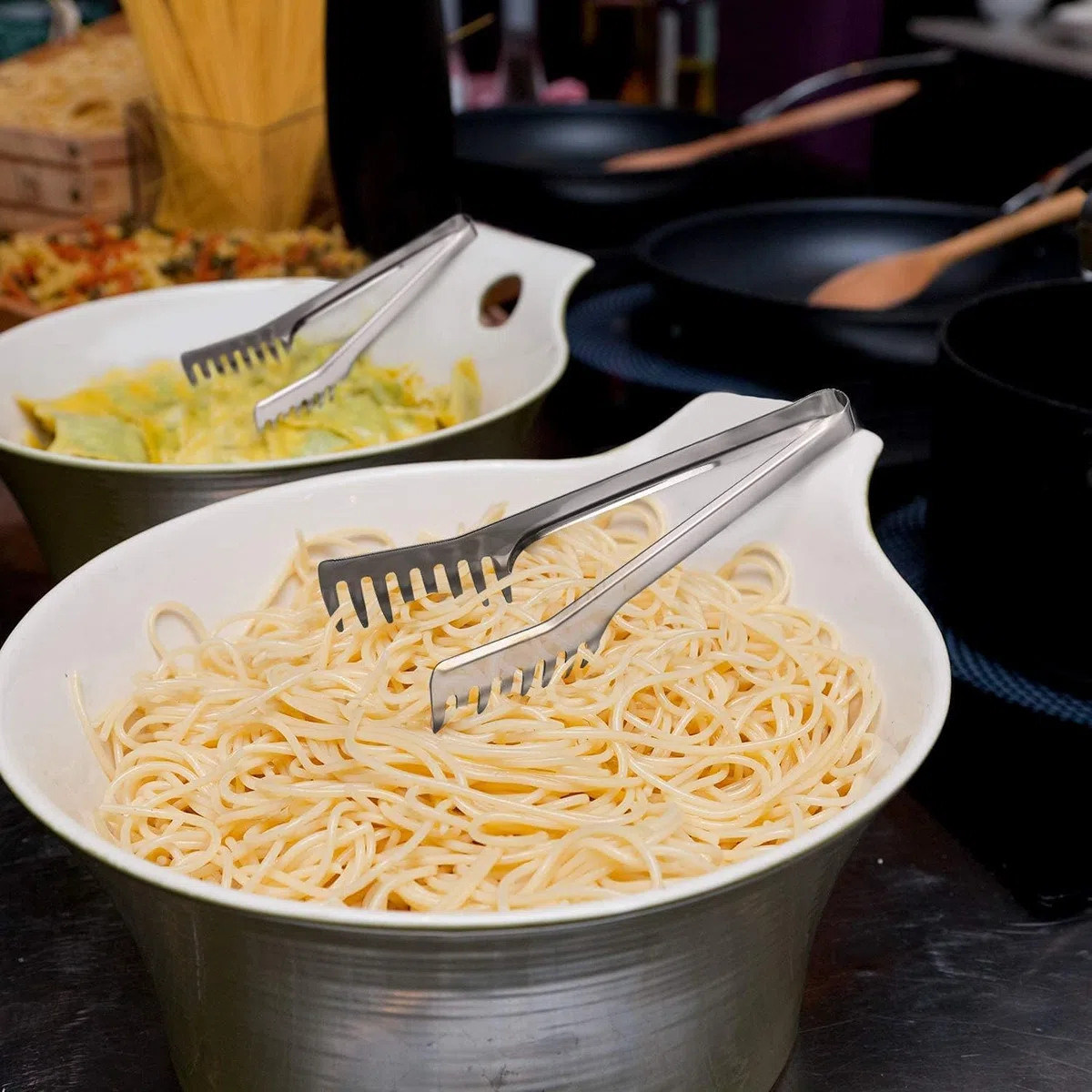 HornTide Set de Servidor de Pasta de Acero Inoxidable 1x Tenedor de Servir de 20cm 1x Cuchara de Espaguetis de 32cm Teethed Ends Design