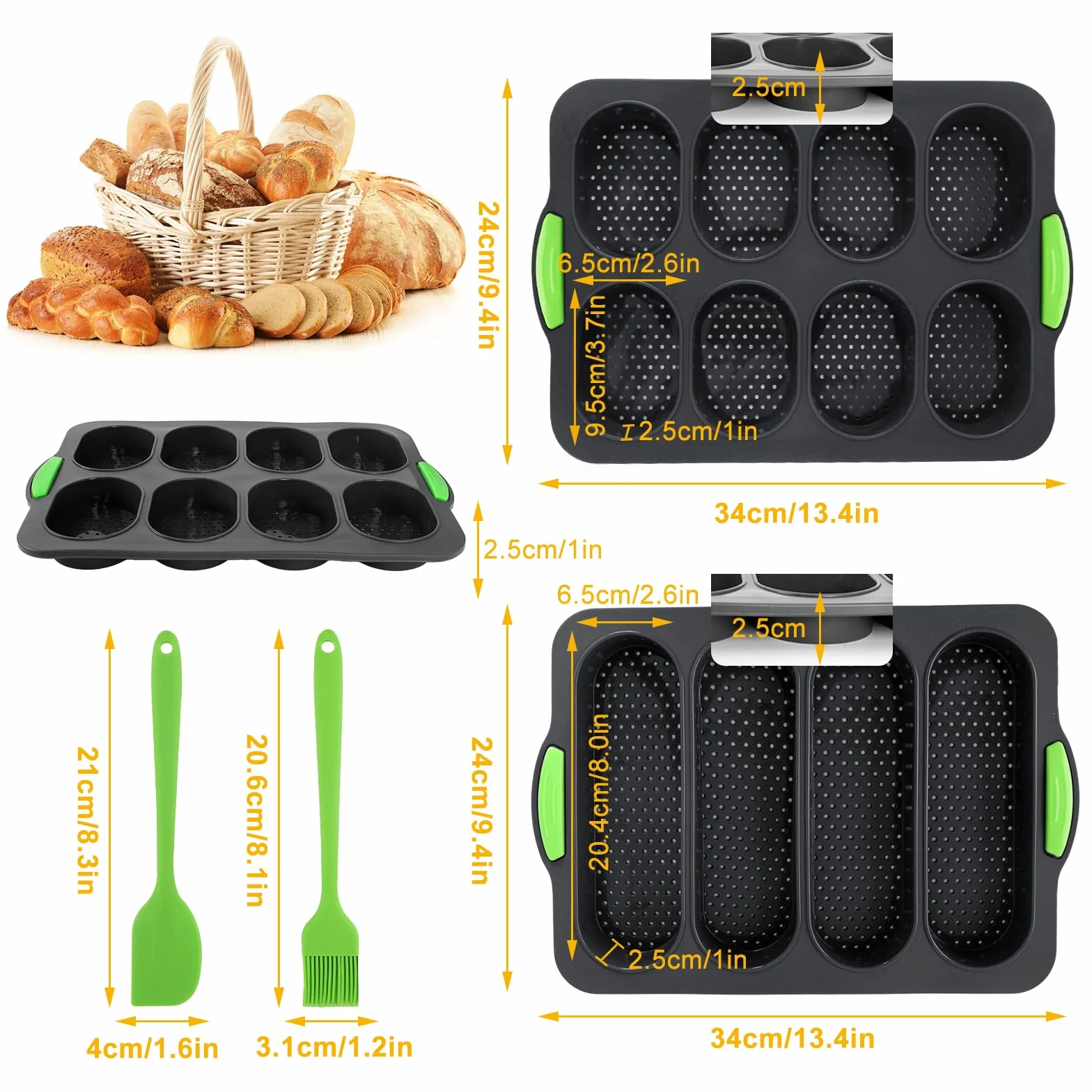 Molde De Silicona Para Baguette, Baguette Bandeja para Hornear, Perforada Francés Pan, Bandeja Baguette, Molde Antiadherente con Cepillo, 4, 8 Cavidades, 34 x 24 x 2.5 cm, 2 Piezas