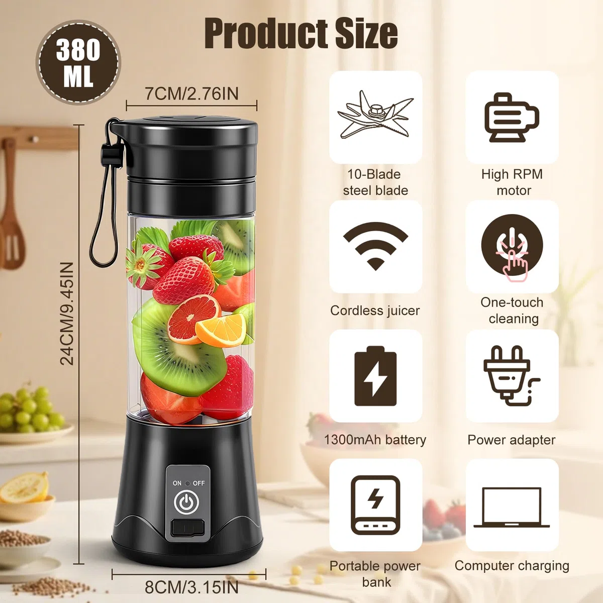 380 ML Batidora de Vaso Portatil, Mini Batidora, Exprimidor USB, 10 Cuchillas de Acero Inoxidable, para Smoothies y Batidos de Proteínas, para Deportes, Viajes, Senderismo (Negro)