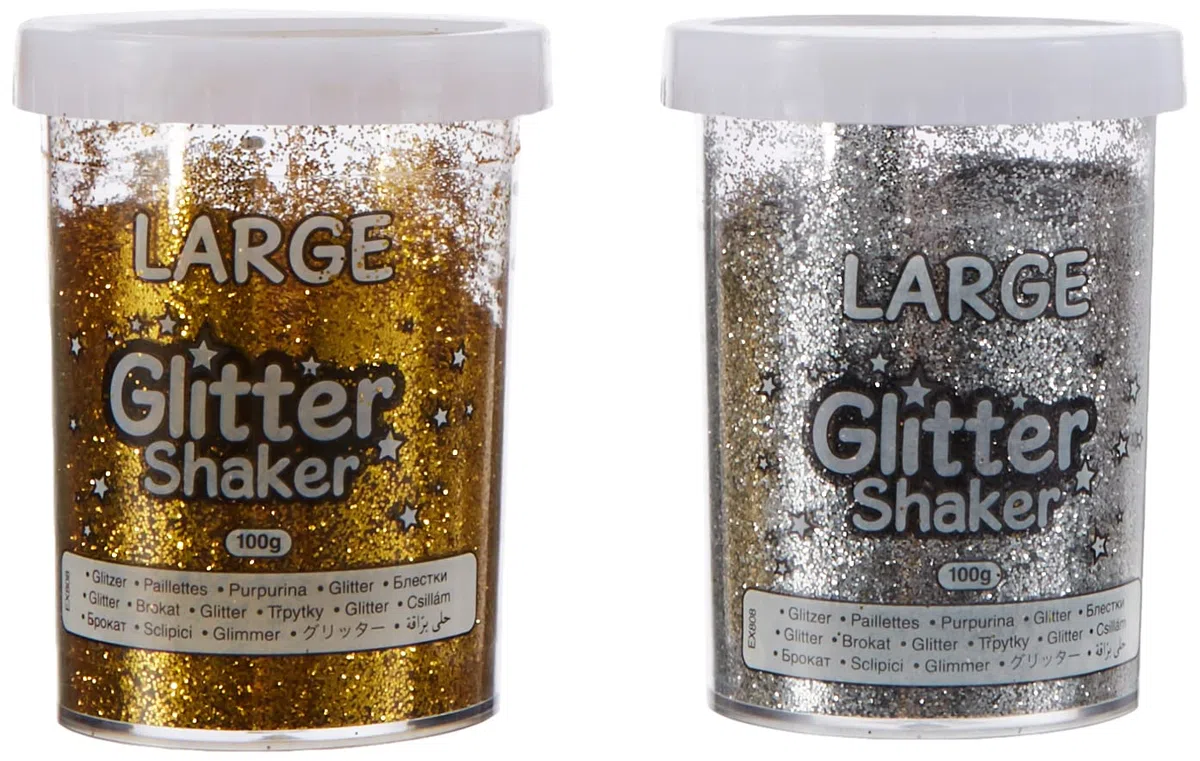 Baker Ross Tarros Grandes de Brillantina Dorada y Plateada Perfecta para Decorar y Adornar Tarjetas Collages y Otras Manualidades Infantiles (Juego de 2)