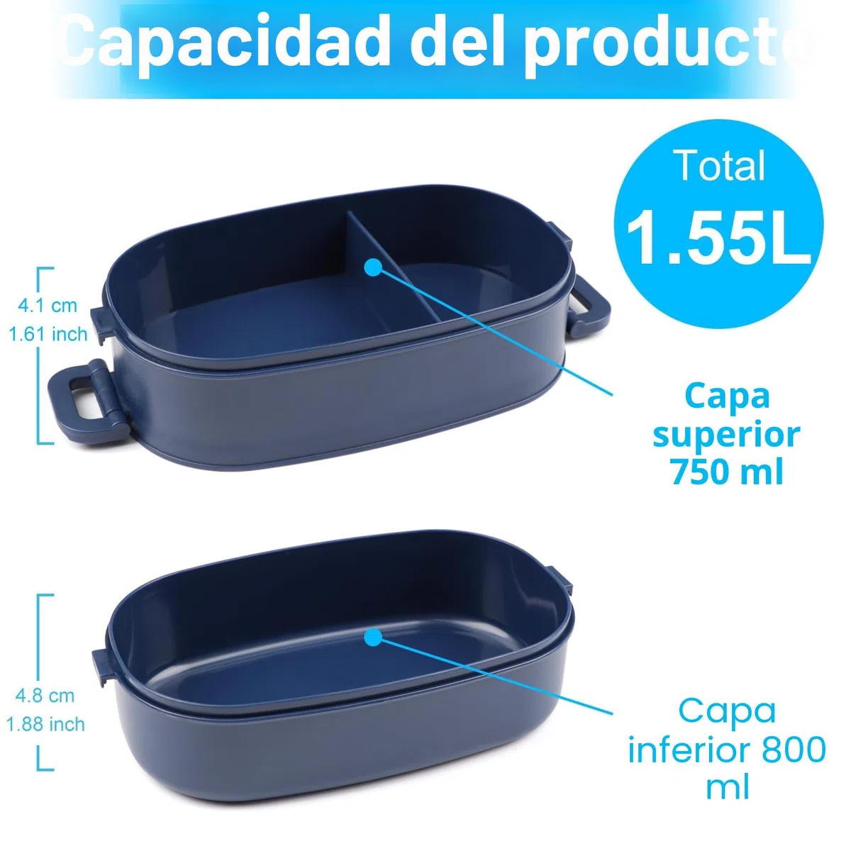 Fiambrera 2 Capa - 1550ml Lunch Box - Bento Box con 3 Compartimentos y Cubiertos - Loncheras para Adulto, Diseñado 2 Cierre de Clip, Sin BPA, Microondas, 19.2 x 11.5 x 12cm, Azul
