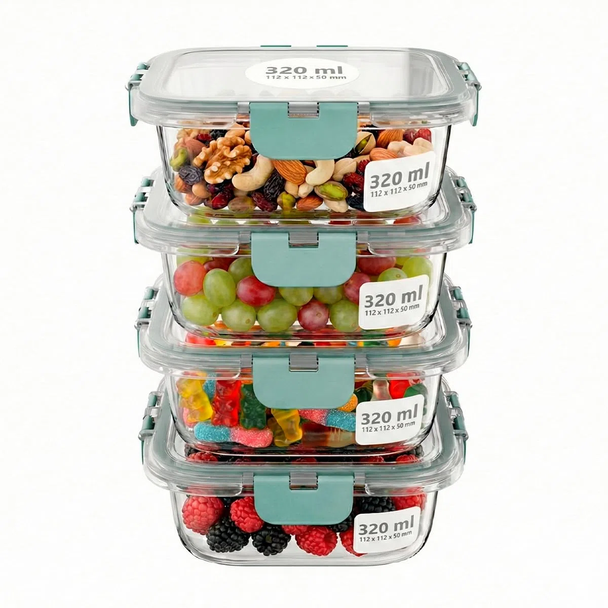 Amig - Set de 4 Recipientes cuadrados Herméticos para Alimentos - Capacidad: 320 ml - 112 x 112 x 50 mm - Contenedor de Cristal para Microondas, Horno, Congelador y Lavavajillas - Color verde