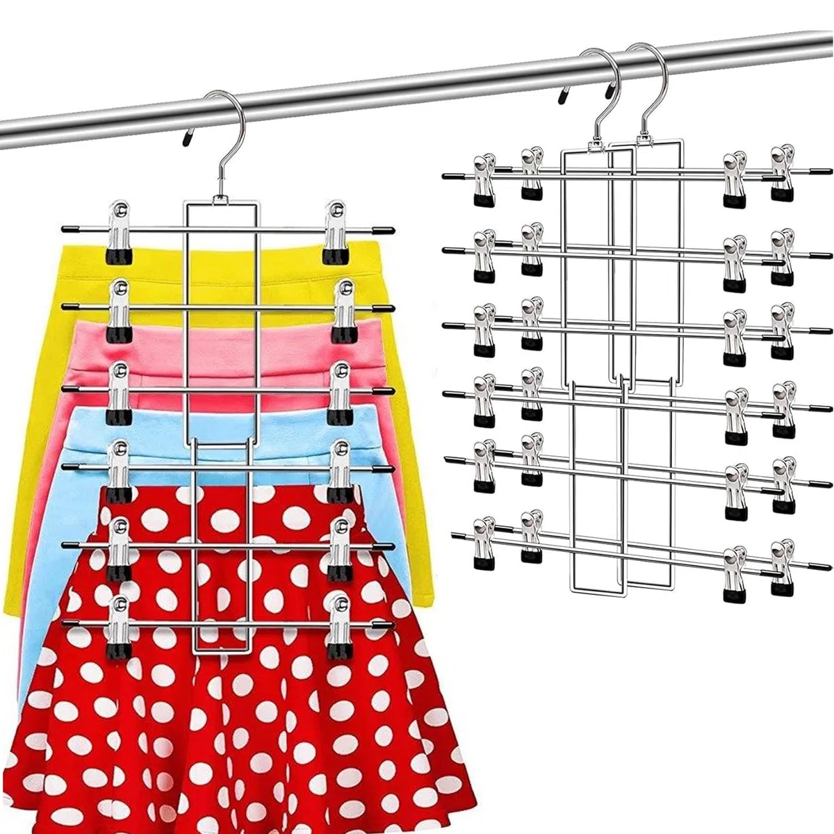Perchas para pantalones que ahorran espacio, 2 unidades de acero inoxidable, resistentes y plegables, con pinzas ajustables, gancho giratorio de 360°, antideslizante, organizador de armario