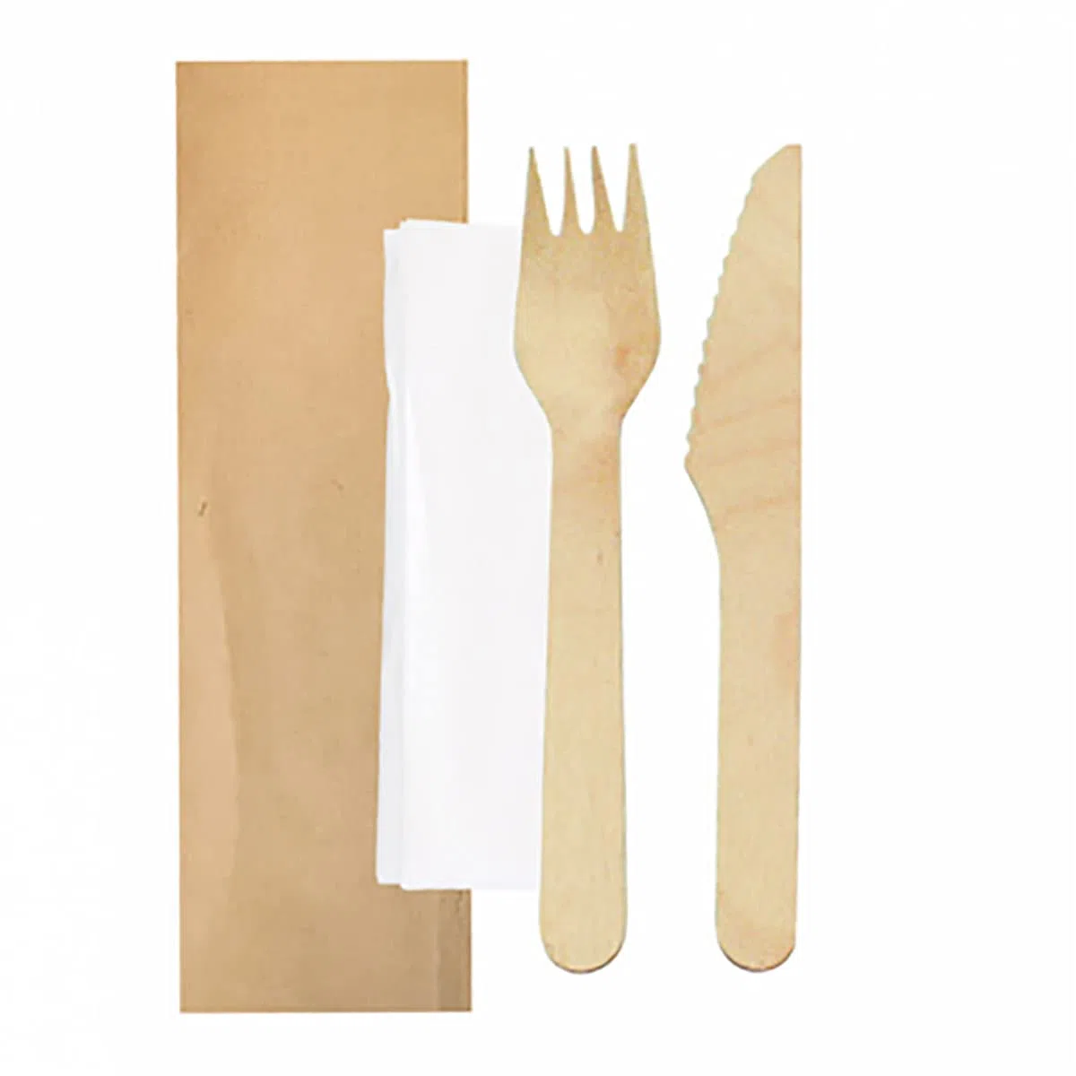 García de Pou 100 unidades - Set Tenedor, Cuchillo, Servilleta Enfundados Kraft 'Makan' 16 Cm Natural Madera