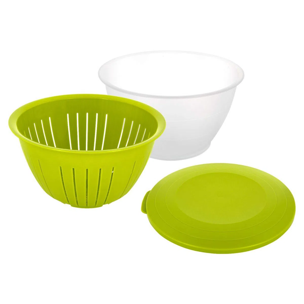 Westmark Cuenco para servir/Escurridor con tapa y colador, 3 partes, Capacidad: 4,4 litros, Plástico, Sin BPA, Olympia, Color: Transparente/verde, 2418227A