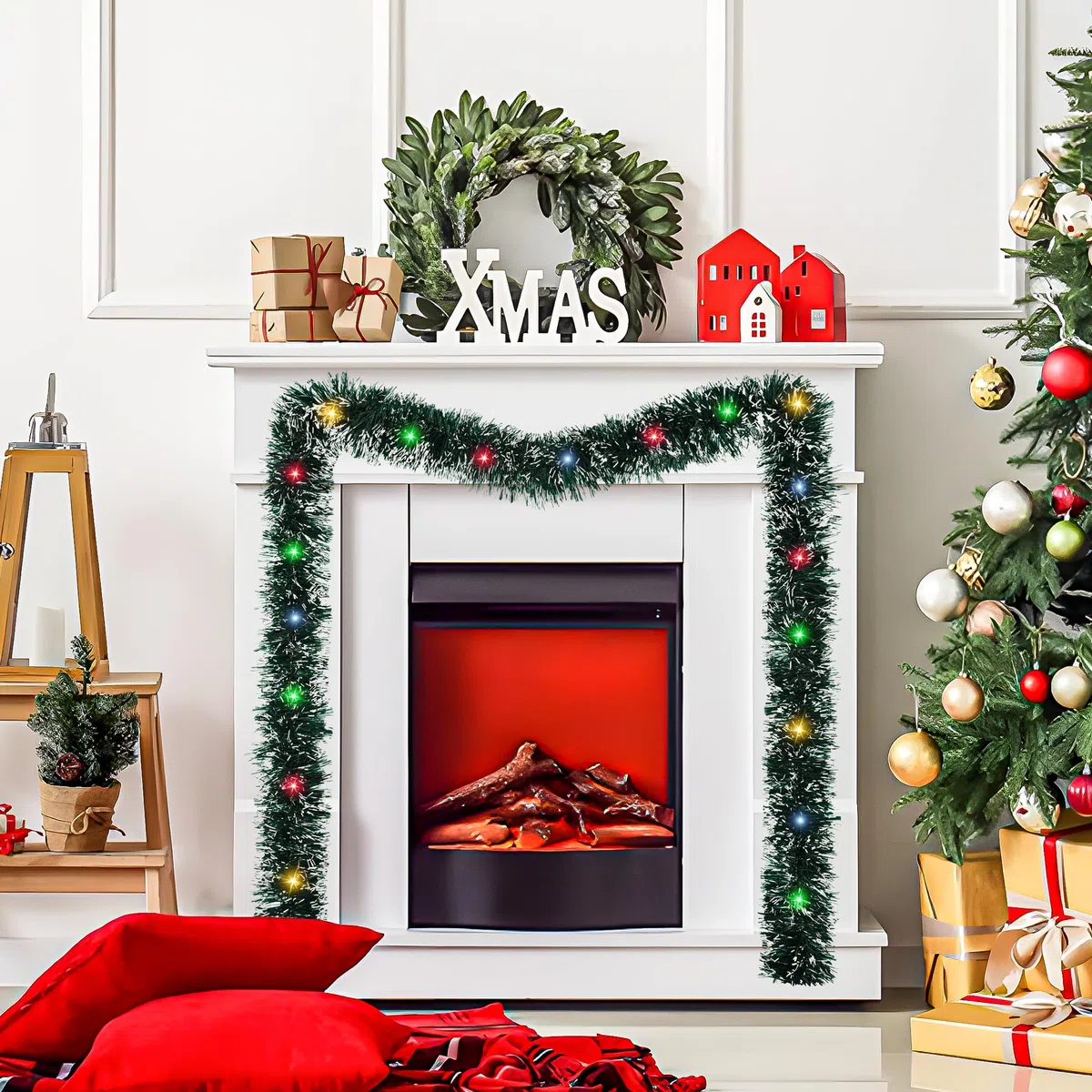 4 pcs de Navidad Guirnalda de Navidad Verde Oscuro-Abeto Artificial Guirnalda Ø13cm,12M Guirnalda de Navidad árbol de Navidad Deco oropel para repisa de la Chimenea,Escalera,Navidad,Interior,Exterior