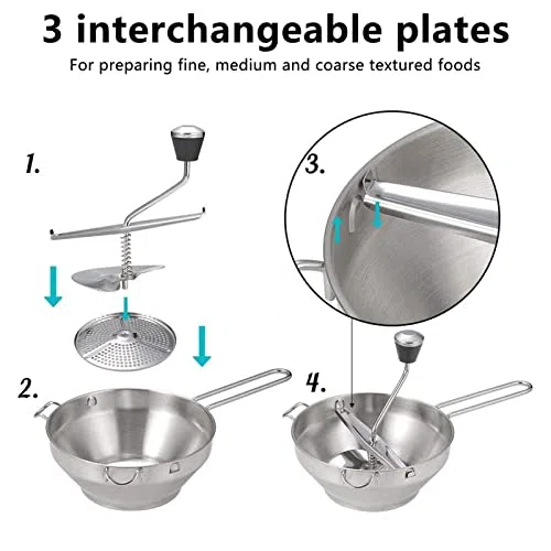 Dispositivo de Paso Molinillo de Alimentos de 20 Cm con 3 Discos Perforados Intercambiables Molinillo de Paso de Acero Inoxidable para Salsa de Tomate, puré de Manzana, Purés,