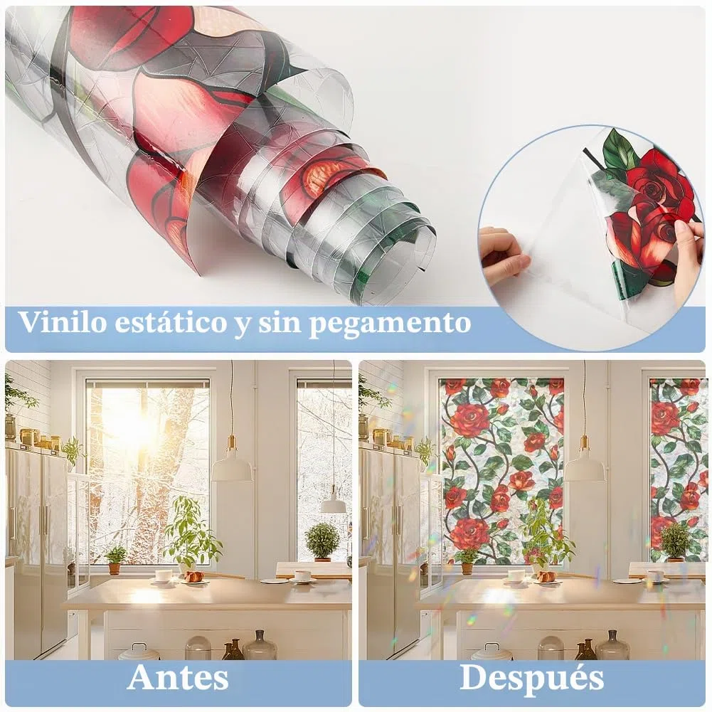 GORGECRAFT Película de Privacidad para Ventana con Diseño de Arcoíris Y Rosas de 100x43cm con Flores Rojas Bloqueador Solar No Adhesiva para Vidrio de Ventana 3D Estática Resistente A los Rayos UV