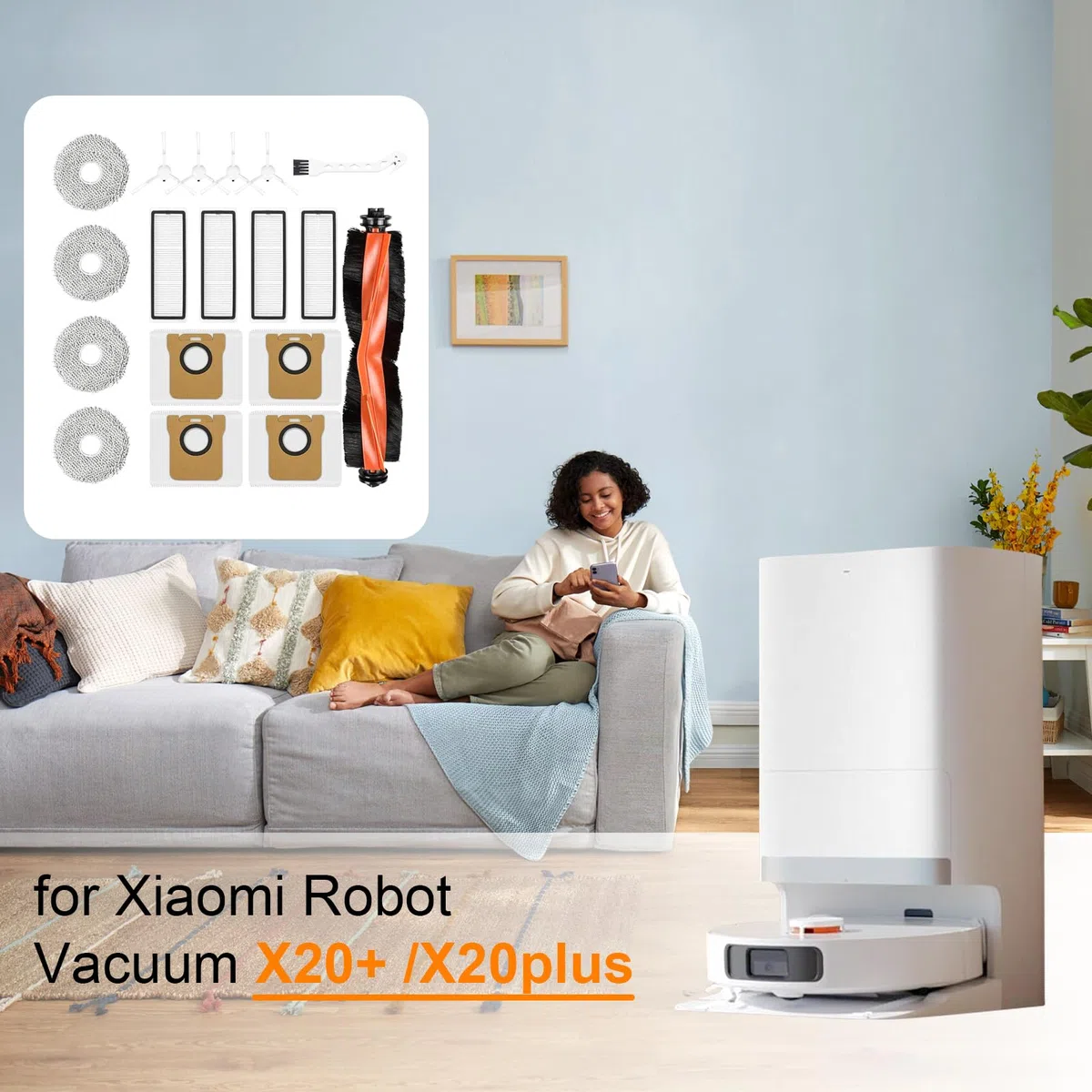 18 piezas de accesorios para aspiradora compatibles con Xiaomi Robot Vacuum X20+/X20 Plus – 1 cepillo principal, 4 bolsas de polvo, 4 cepillos laterales, 4 filtros, 4 paños de limpieza y 1 cepillo de