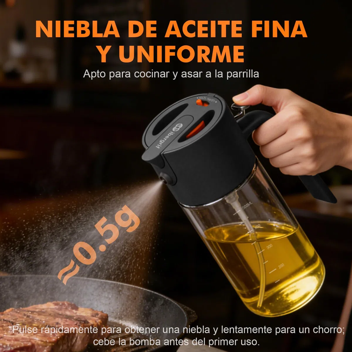 Ibergrif 2 en 1 Pulverizador de aceite 500ml – Rociador de aceite con Escala, Altura 202mm, Aceitera spray de Vidrio de borosilicato, Antigoteo para Freidora de aire, Barbacoa, Ensaladas, Negro, M530B