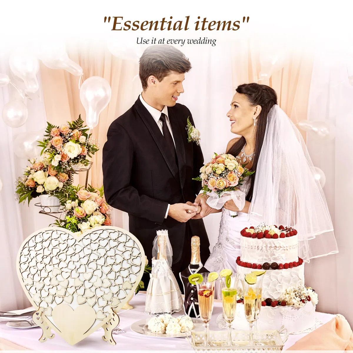 Libro de visitas para boda personalizado de madera, con corazones, alternativa con base, caja de almacenamiento y 100 tarjetas de firma de corazón de madera, decoración de boda