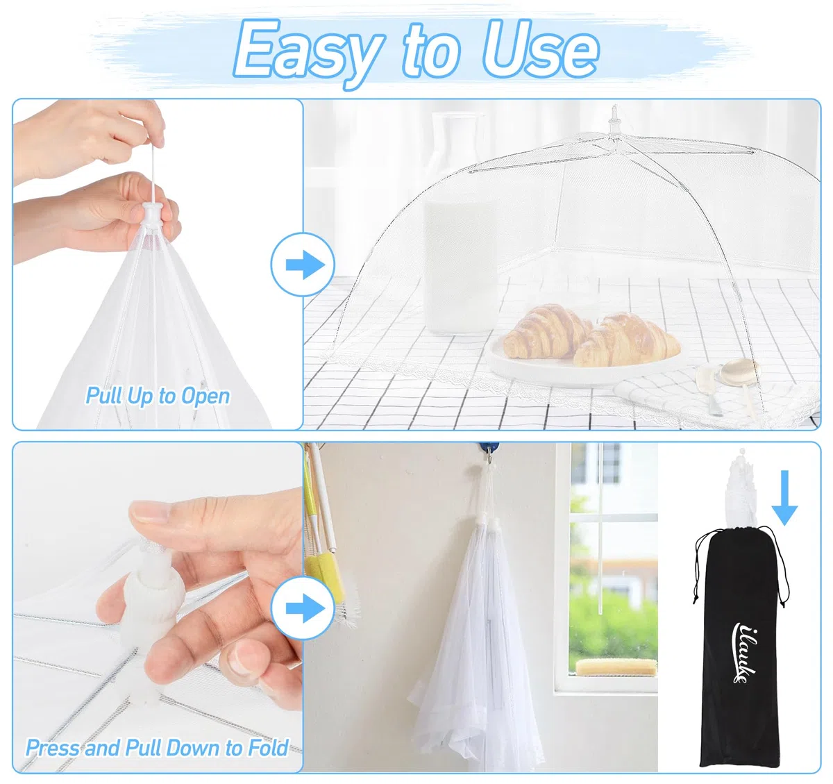 ilauke - Campana de comida plegable, 3 piezas, color blanco, campana para pastel, campana, para alimentos, antiinsectos, 100 x 60 cm, para exteriores, casa, barbacoas, viajes de camping, picnics