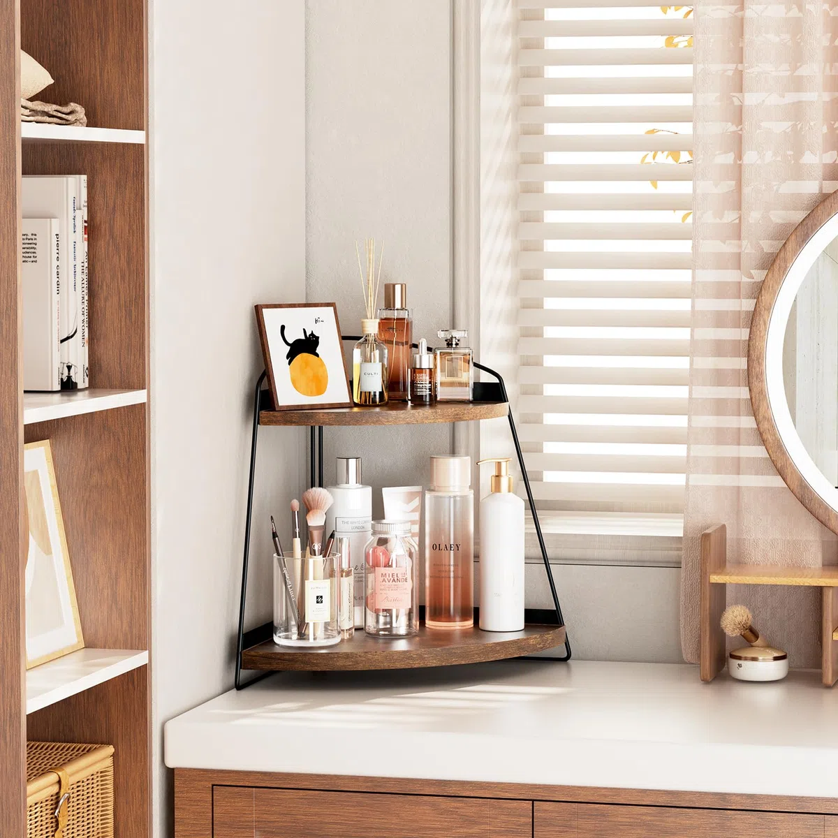 Puricon Organizador Esquina 2 Niveles，Estantería de Almacenamiento para Baño,Salón y Habitación,Organizador de Cosméticos,Perfumes y Aromas,Estante Multiusos Resistente a la Humedad- Marrón