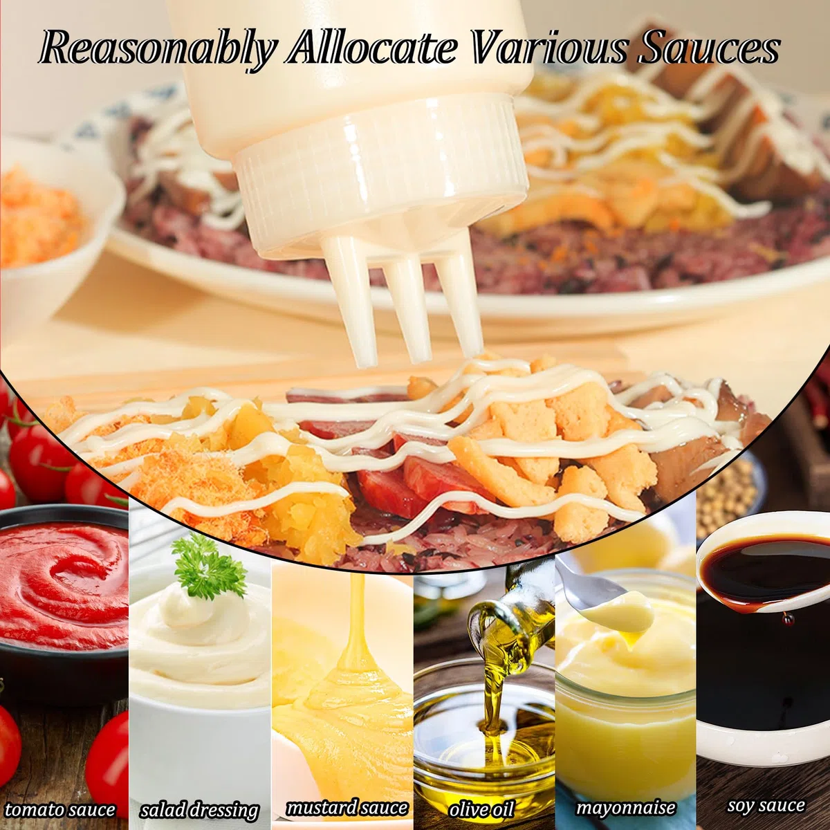 4 botellas de plástico con 3 boquillas, dispensador de salsa de 24 oz con giro en tapas de tapa, botella de plástico para salsas de ketchup, mayonesa, mostaza, jarabe de aceite de oliva