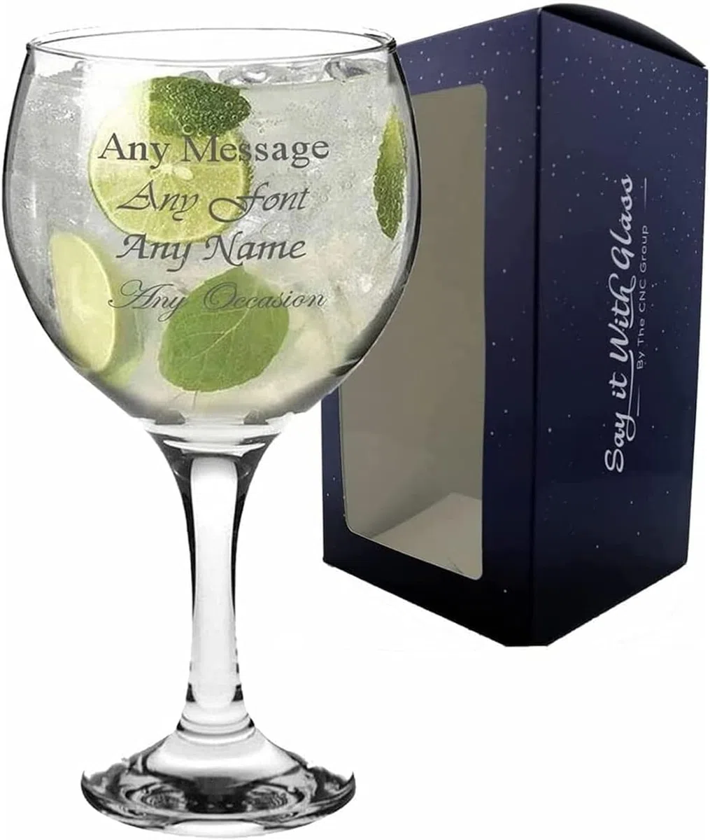 All Things Personalised Copa Gin Tonic Personalizada 640 ml - Gin Vaso Balón con Grabado Láser, Nombre y Mensaje - Diseño Copa también para Cócteles - Regalo Original Hombre y Mujer, Caja de Regalo
