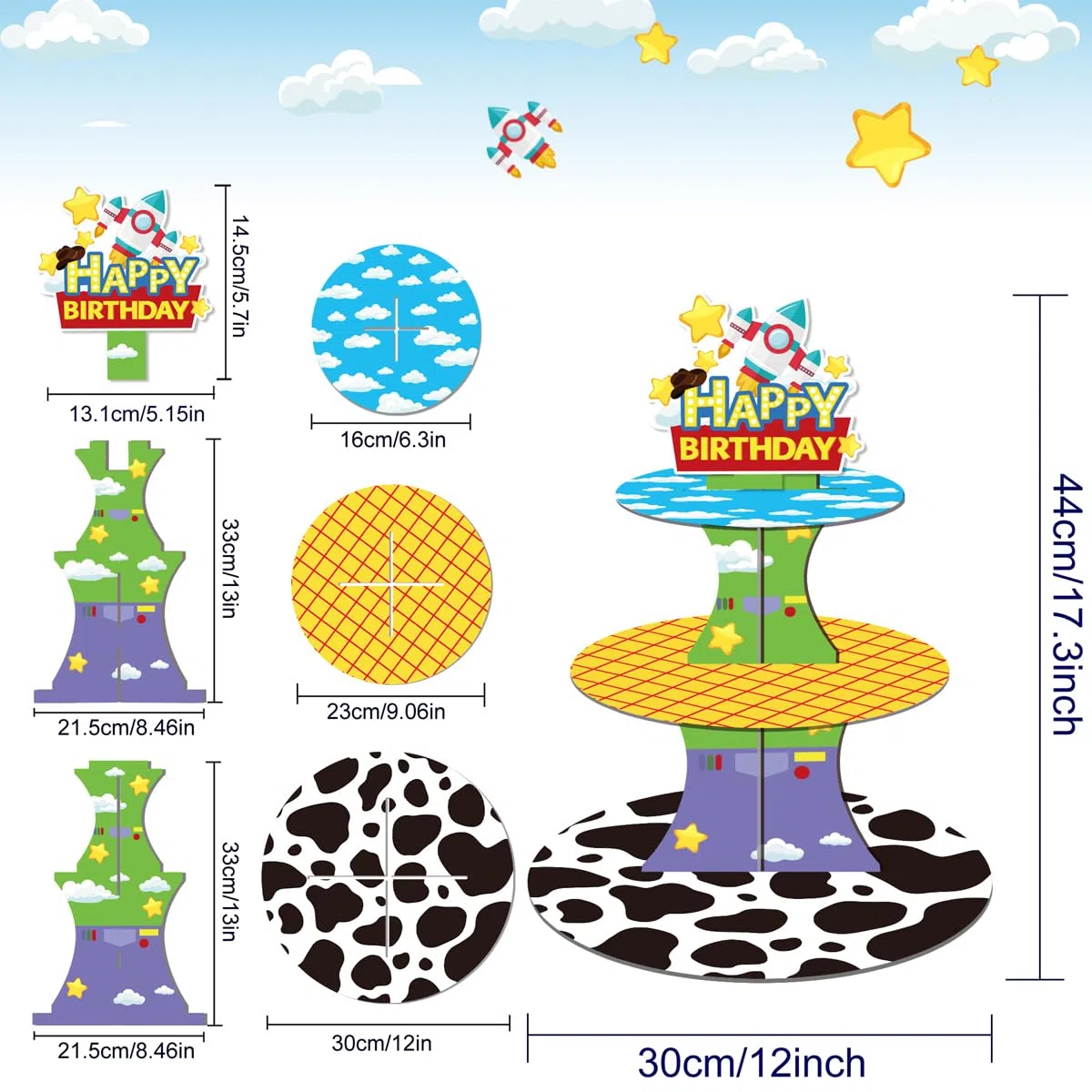 Soporte para Cupcakes de Cartoon Story, Película Animada Torre de postres de 3 Pisos, Decoración de la Tarta Tema Toy, para Decorativo de Fiestas de cumpleaños para niños y Adultos