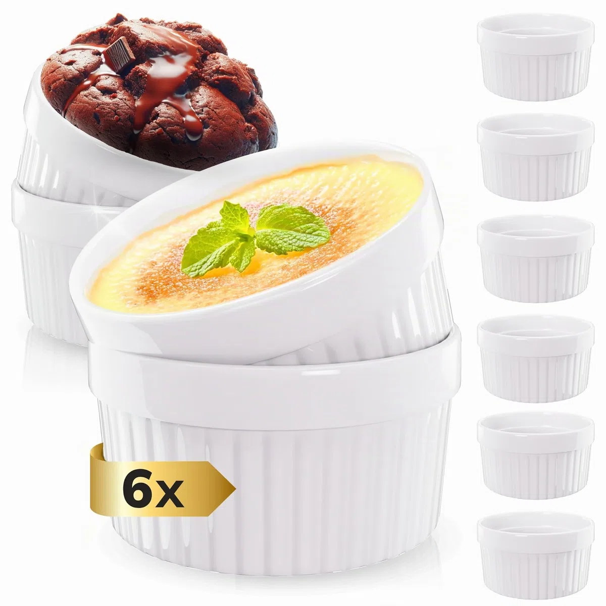 ToCi Ramekins brulee crema blanca 9 cm, también para soufflé de chocolate y ragú, plato de tarta de cerámica. Paquete de 6 unidades de color blanco