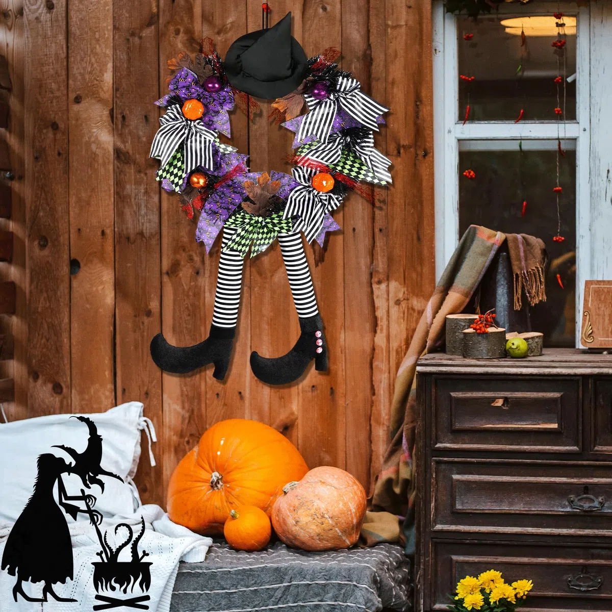 35cm Decoración de Corona de Halloween, Corona de Bruja de Halloween, Corona de Bruja con pies y Sombrero de Bruja y Calabaza, Corona de Halloween, Decoración Puerta Halloween para Casa