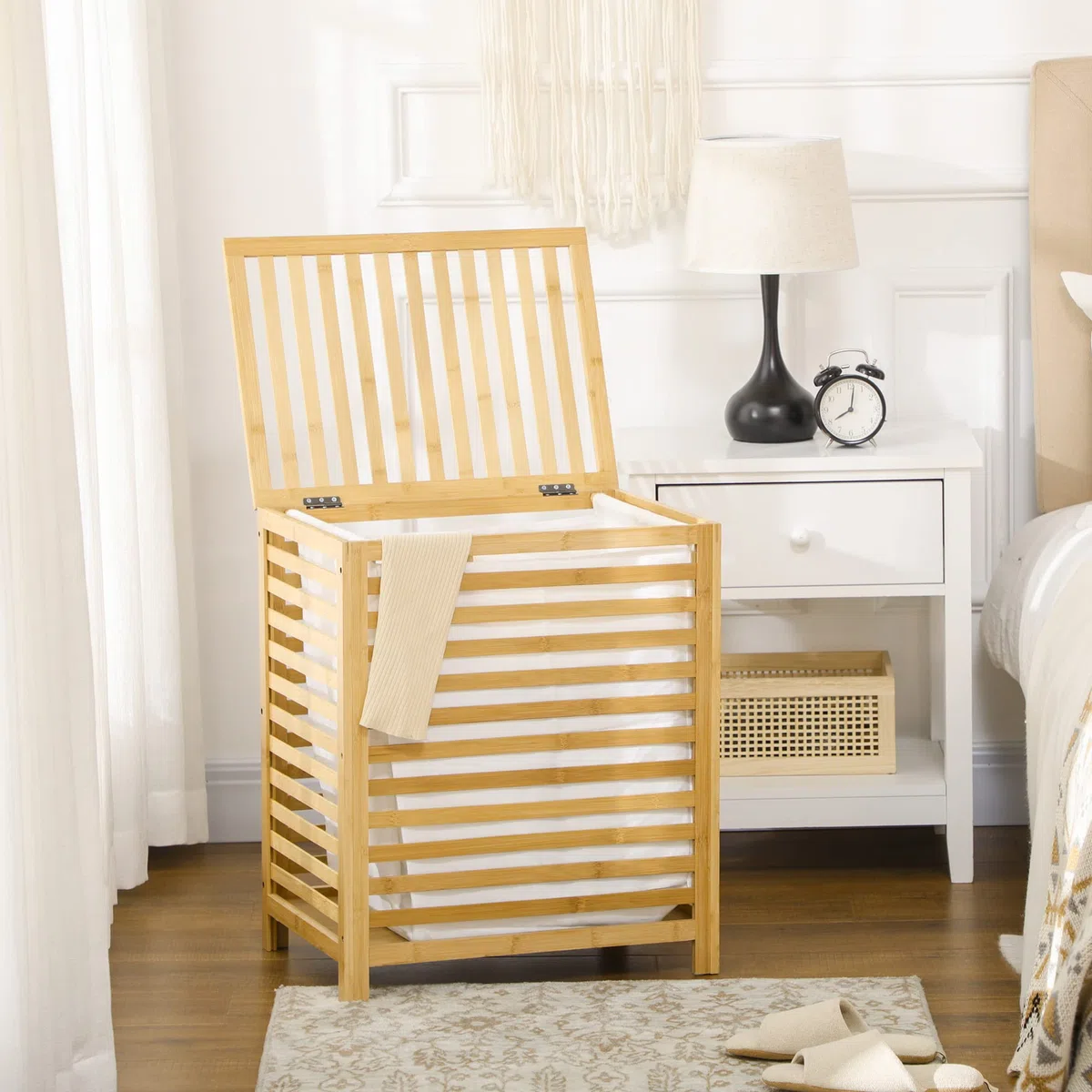 HOMCOM Cesto para Ropa Sucia de Bambú Capacidad de 55L Cesta para la Colada con Tapa 2 Asas y Bolsa Extraíble Forma Rectangular 50x36x60 cm Natural