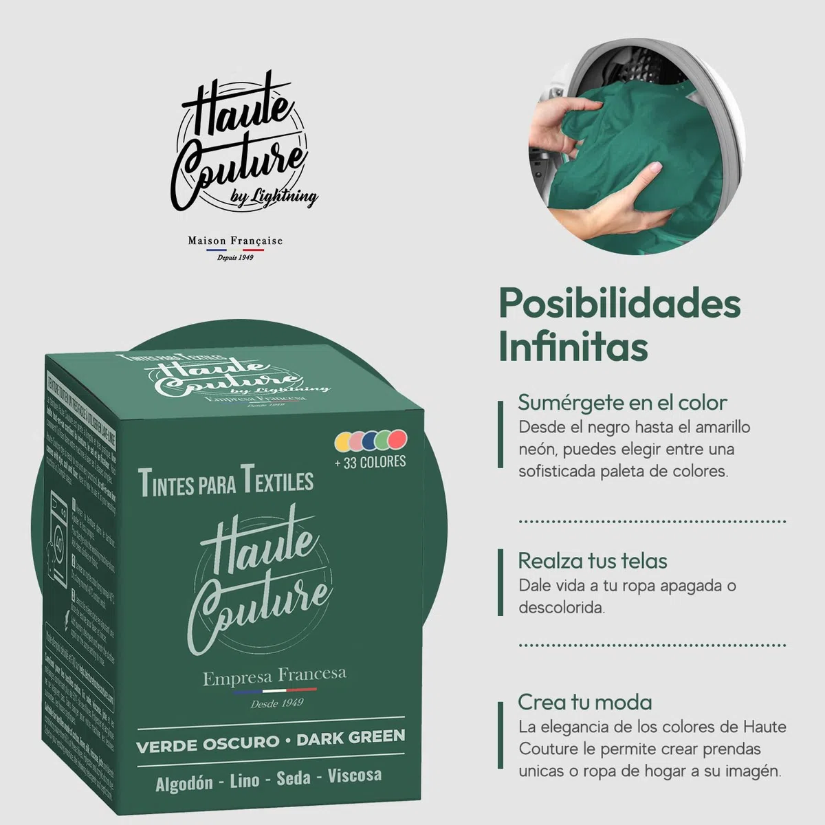Haute Couture - Tinte para Ropa y Textil Verde - Verde Oscuro - 350g - Tinte Textil Todo en uno - Listo Para Teñir Ropa y Tejidos