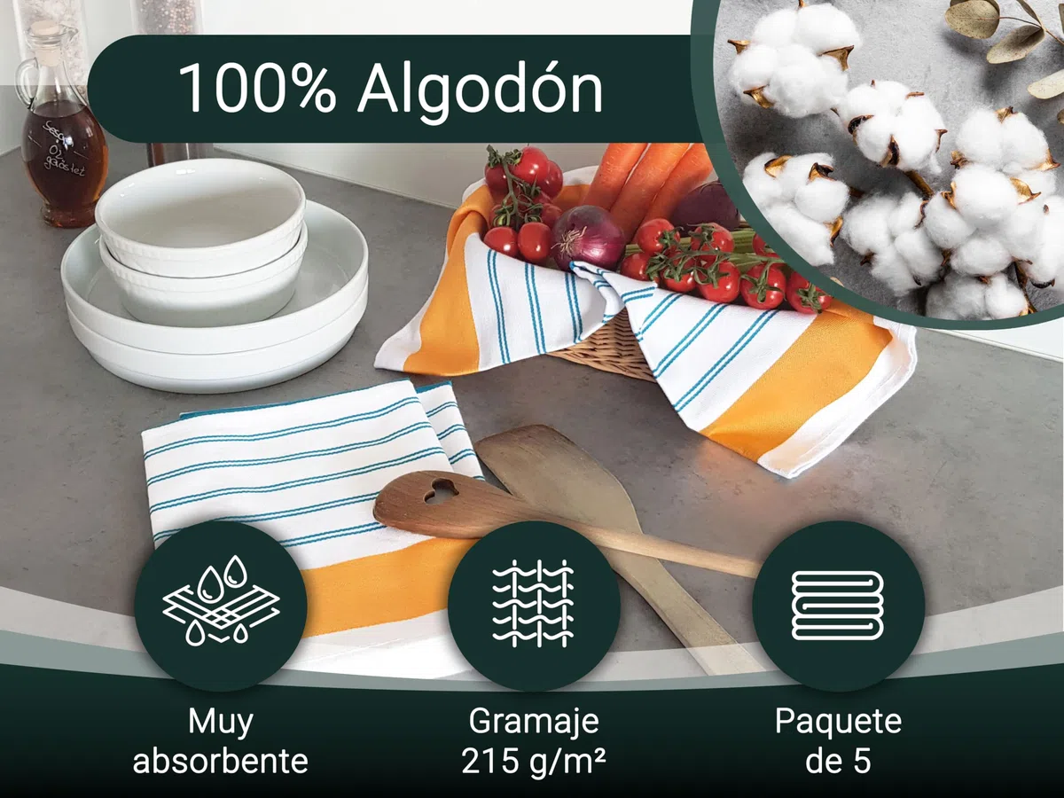 ZOLLNER Set de 5 paños de Cocina a Rayas, 50x70 cm, algodón, Muy Grandes