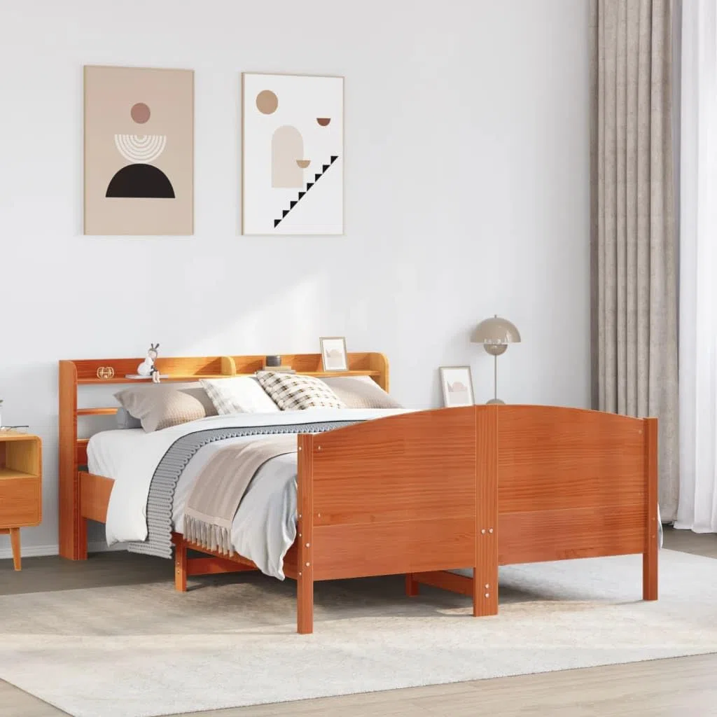 3306977 - Estructura de madera maciza sin colchón, marco de cama de madera, 135 x 190 cm, color marrón cera, 135 x 190 cm