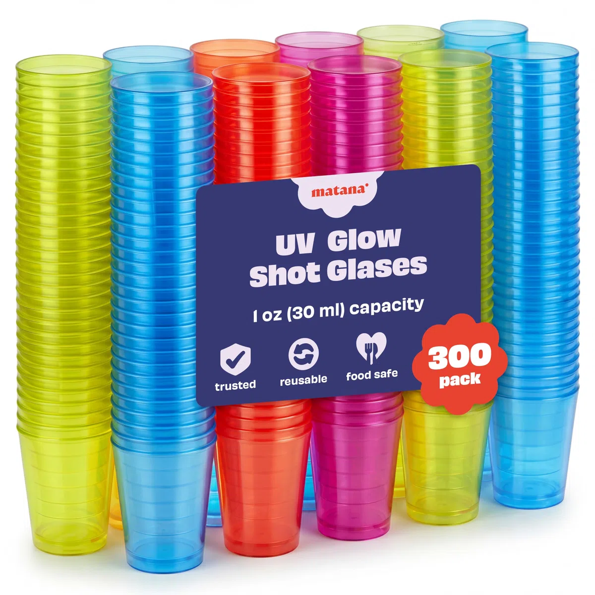 MATANA 300 Vasos de Chupito de Plástico Duro Neón, 30ml - Reactiva a los Rayos UV - Resistentes y Reutilizables - Cumpleaños, Bodas, Despedidas de Soltera o Soltero, Barbacoas, Fiestas