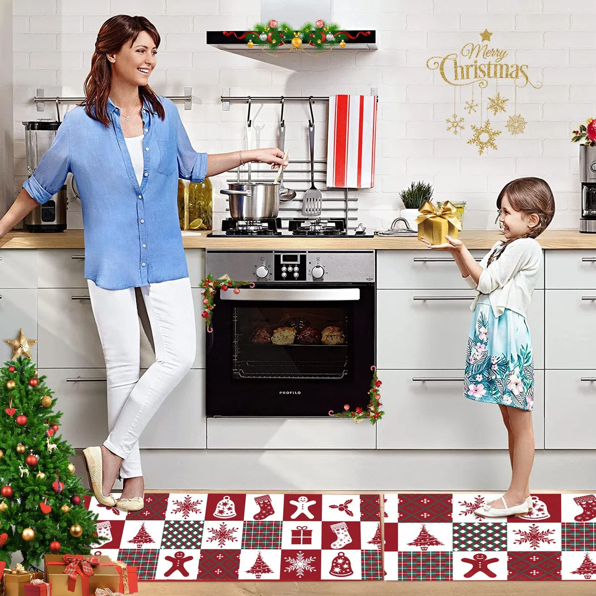 CAROMIO Tapete de cocina de Navidad, lavable, antideslizante, decorativo, antideslizante, para fregadero de lavandería, 40 x 60 + 40 x 120 cm