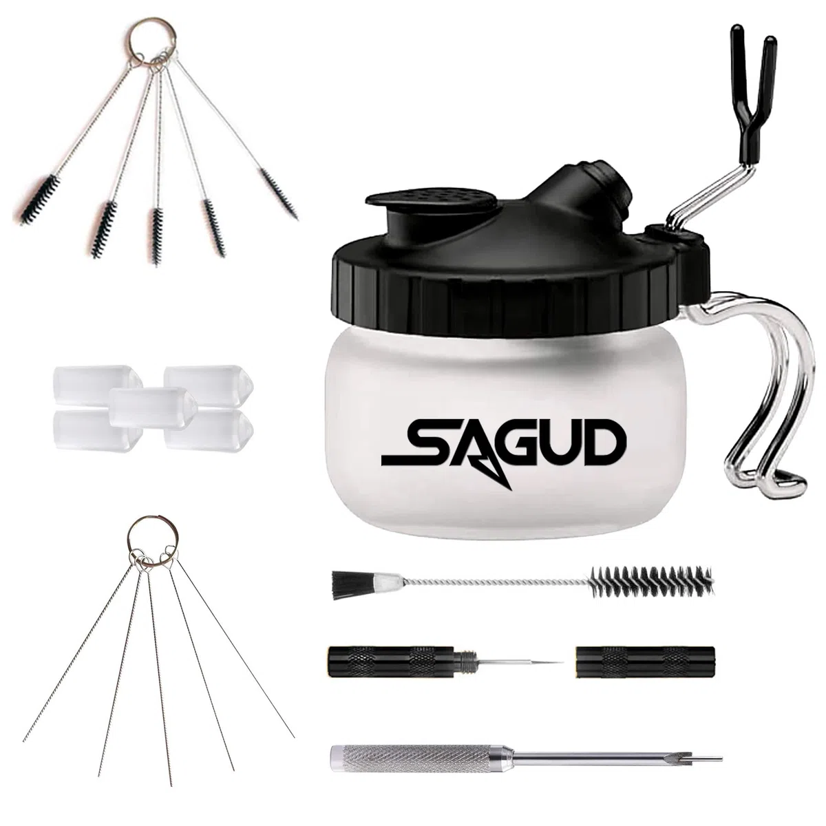Kit de Limpieza de aerografo con cepillos de Limpieza, Agujas de Cepillo de Lavado, aerógrafo, Recipiente de Limpieza de Vidrio y Soporte
