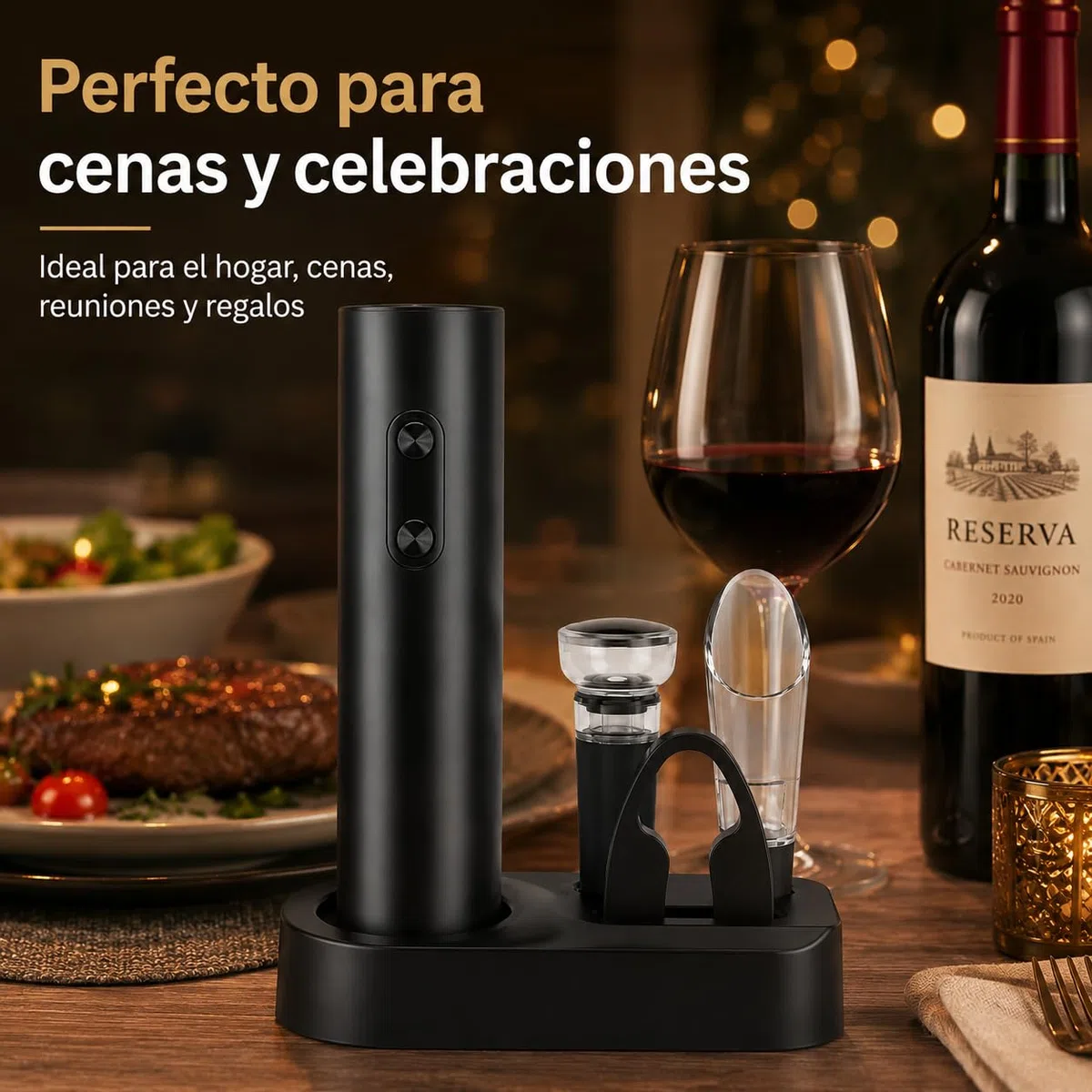 Sacacorchos Eléctrico a Pilas 5 en 1, Abrebotellas de Vino Automático con Cortacápsulas, Vertedor, Tapón al Vacío y Base, para Botellas de Corcho Natural y Sintético, Negro
