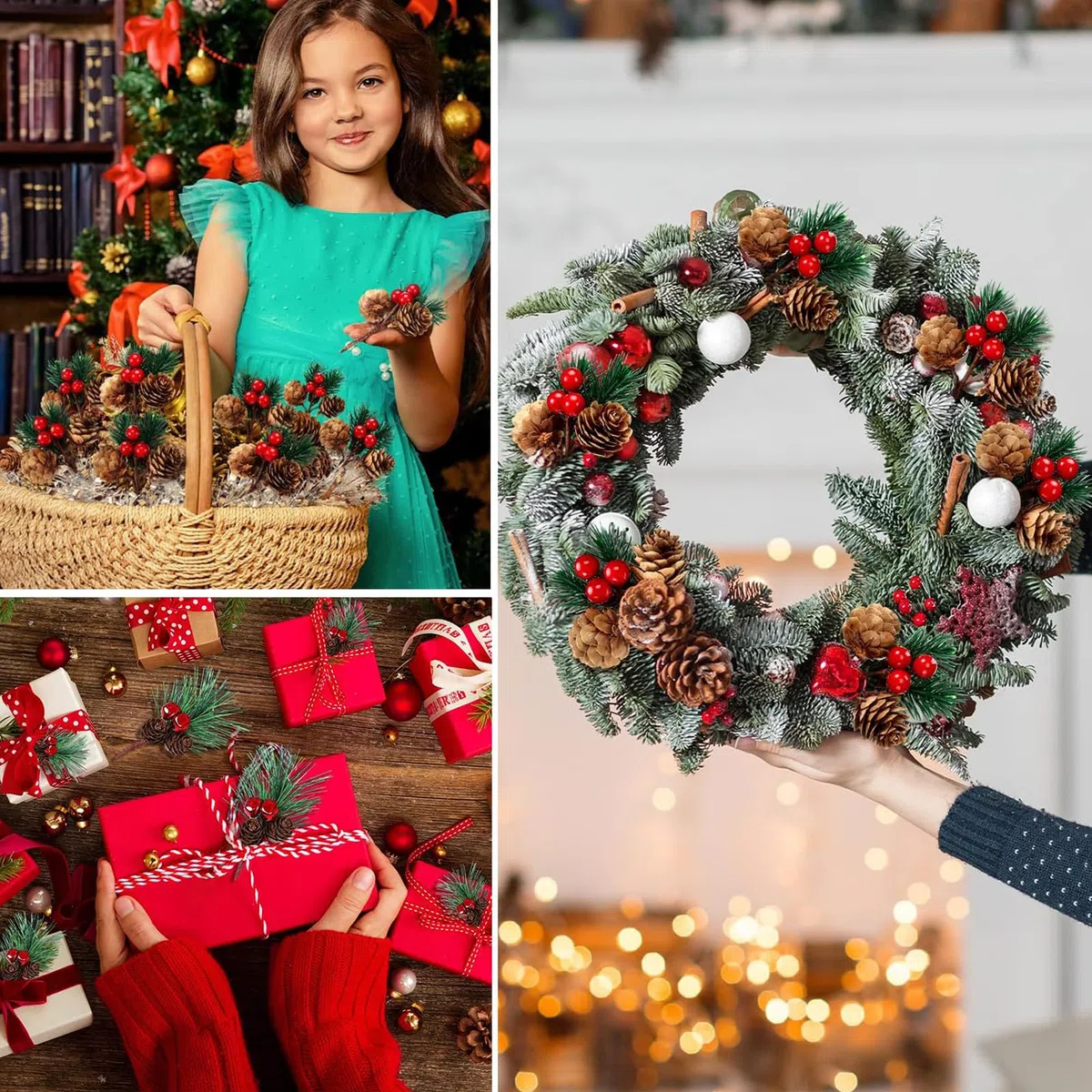 Lote de 20 Ramas de Abeto Artificial con Bayas Rojas y Piñas,Decoración de Navidad,Corona de Adviento,Guirnalda Festiva,DIY y Adornos para Árbol Navideño