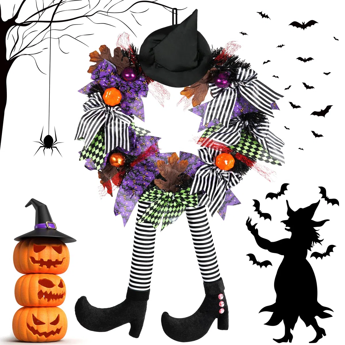 35cm Decoración de Corona de Halloween, Corona de Bruja de Halloween, Corona de Bruja con pies y Sombrero de Bruja y Calabaza, Corona de Halloween, Decoración Puerta Halloween para Casa
